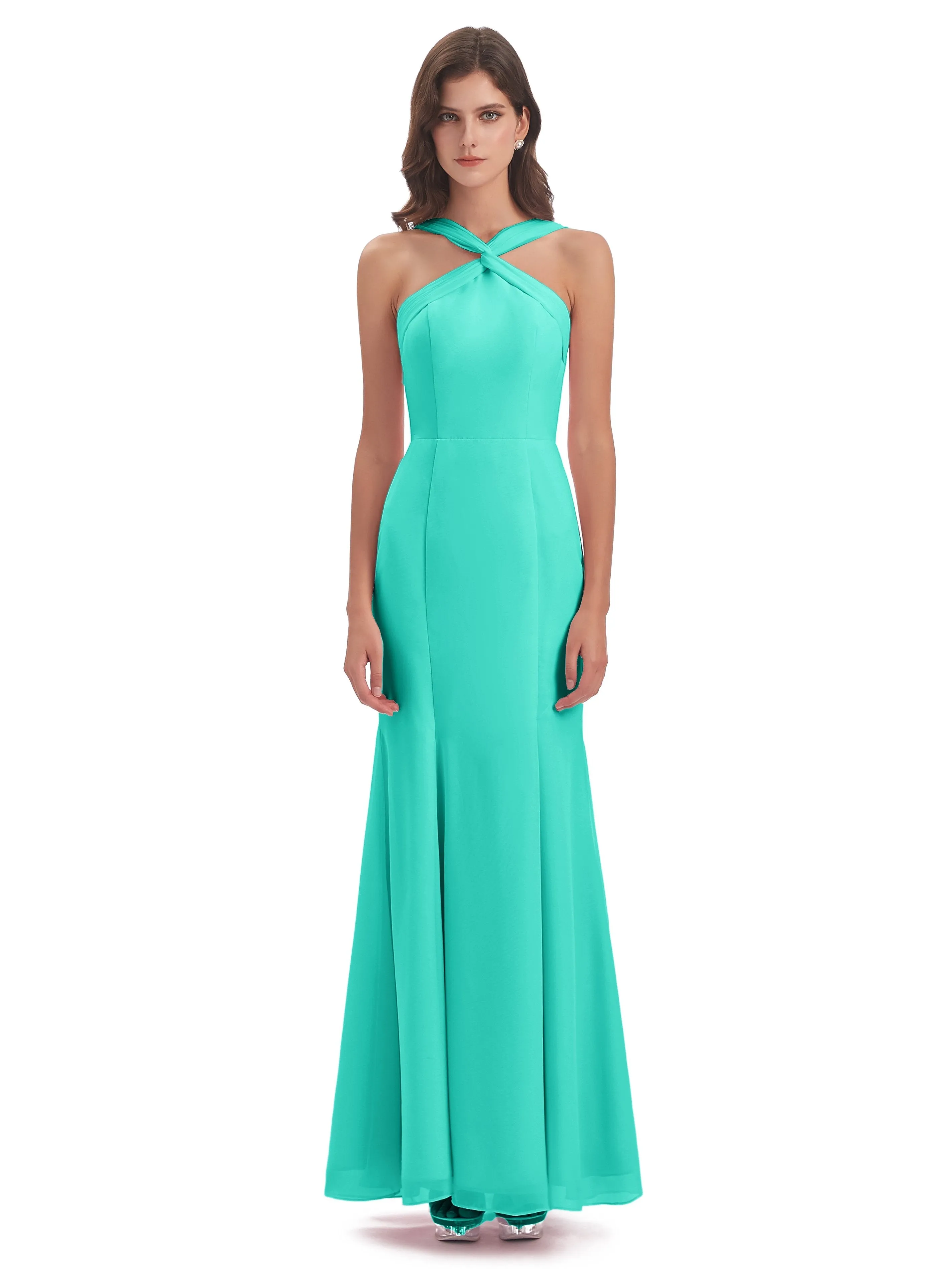 Evie Unique Trumpet-Hourglass Halter Split Long Bridesmaid Dresses