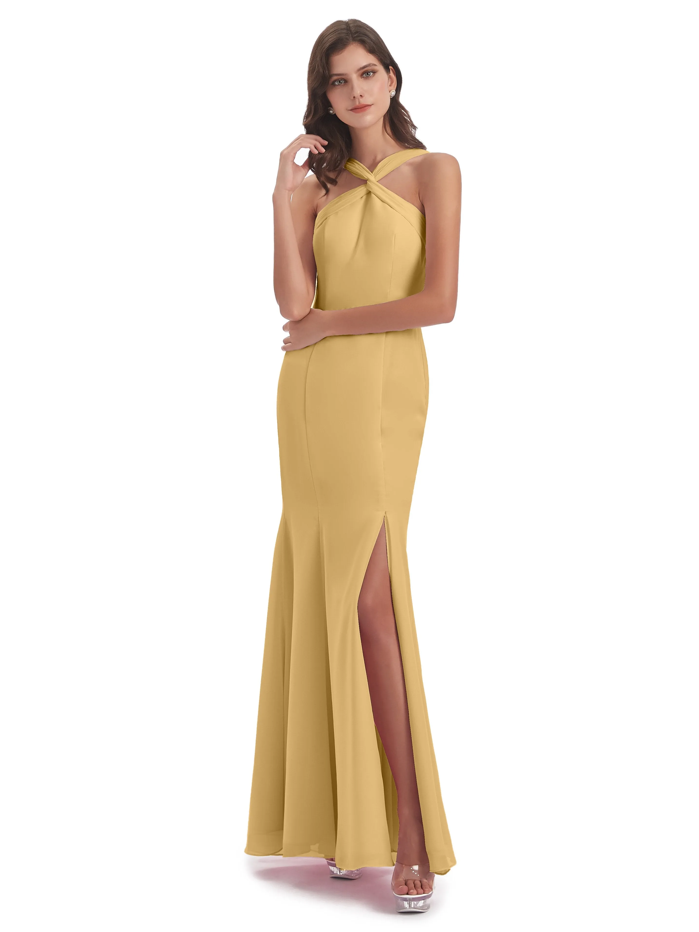 Evie Unique Trumpet-Hourglass Halter Split Long Bridesmaid Dresses