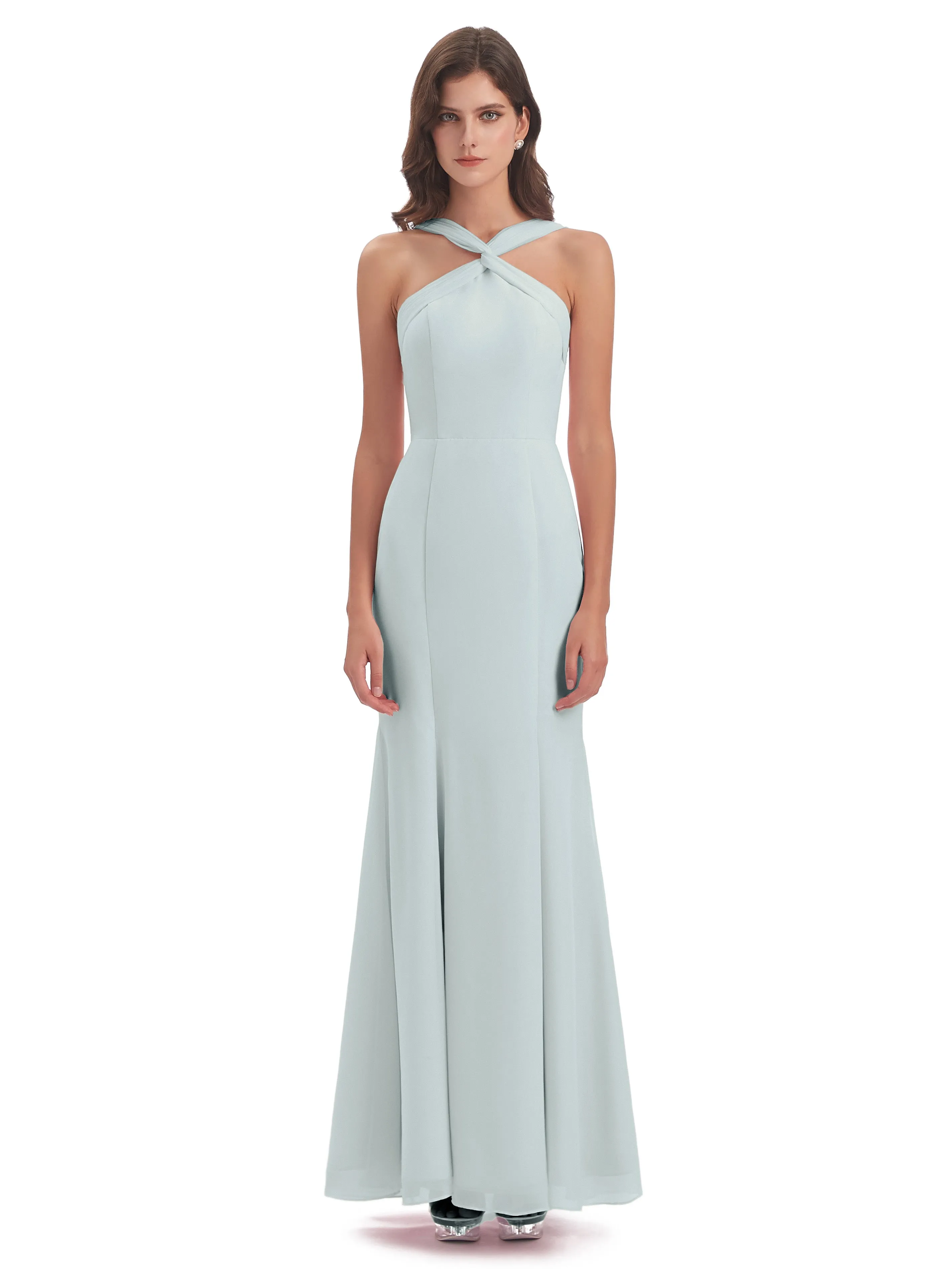 Evie Unique Trumpet-Hourglass Halter Split Long Bridesmaid Dresses