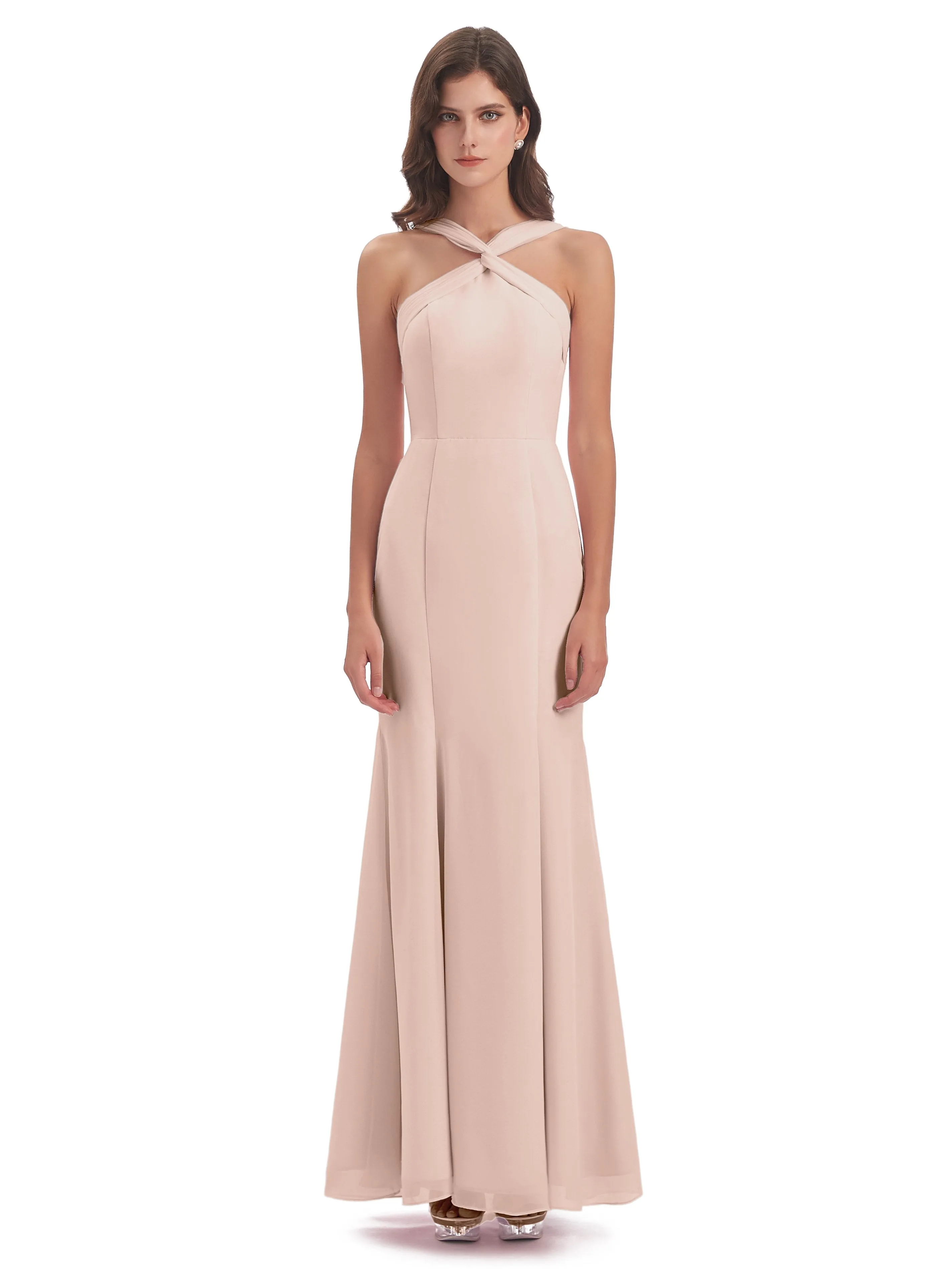 Evie Unique Trumpet-Hourglass Halter Split Long Bridesmaid Dresses