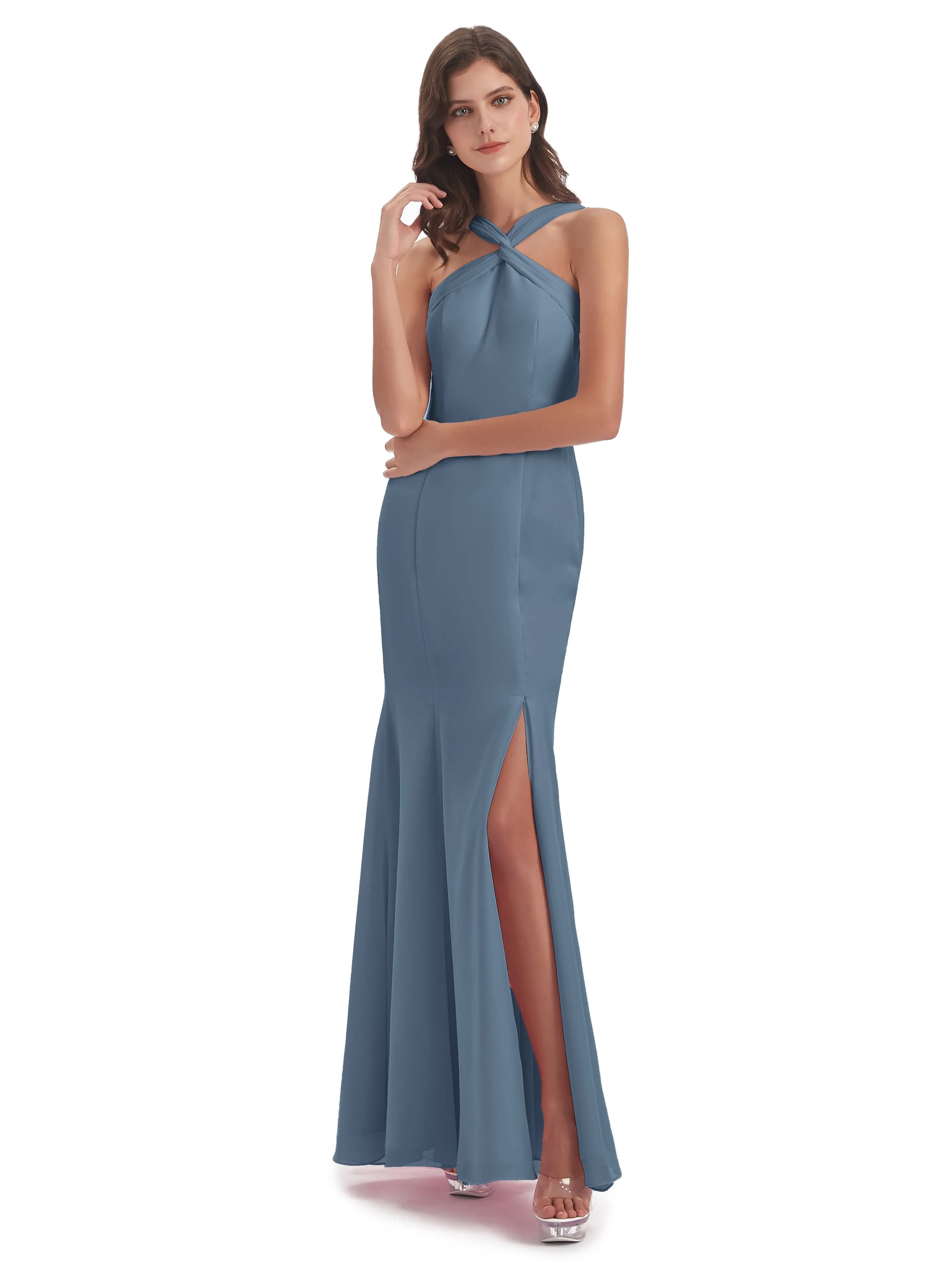 Evie Unique Trumpet-Hourglass Halter Split Long Bridesmaid Dresses