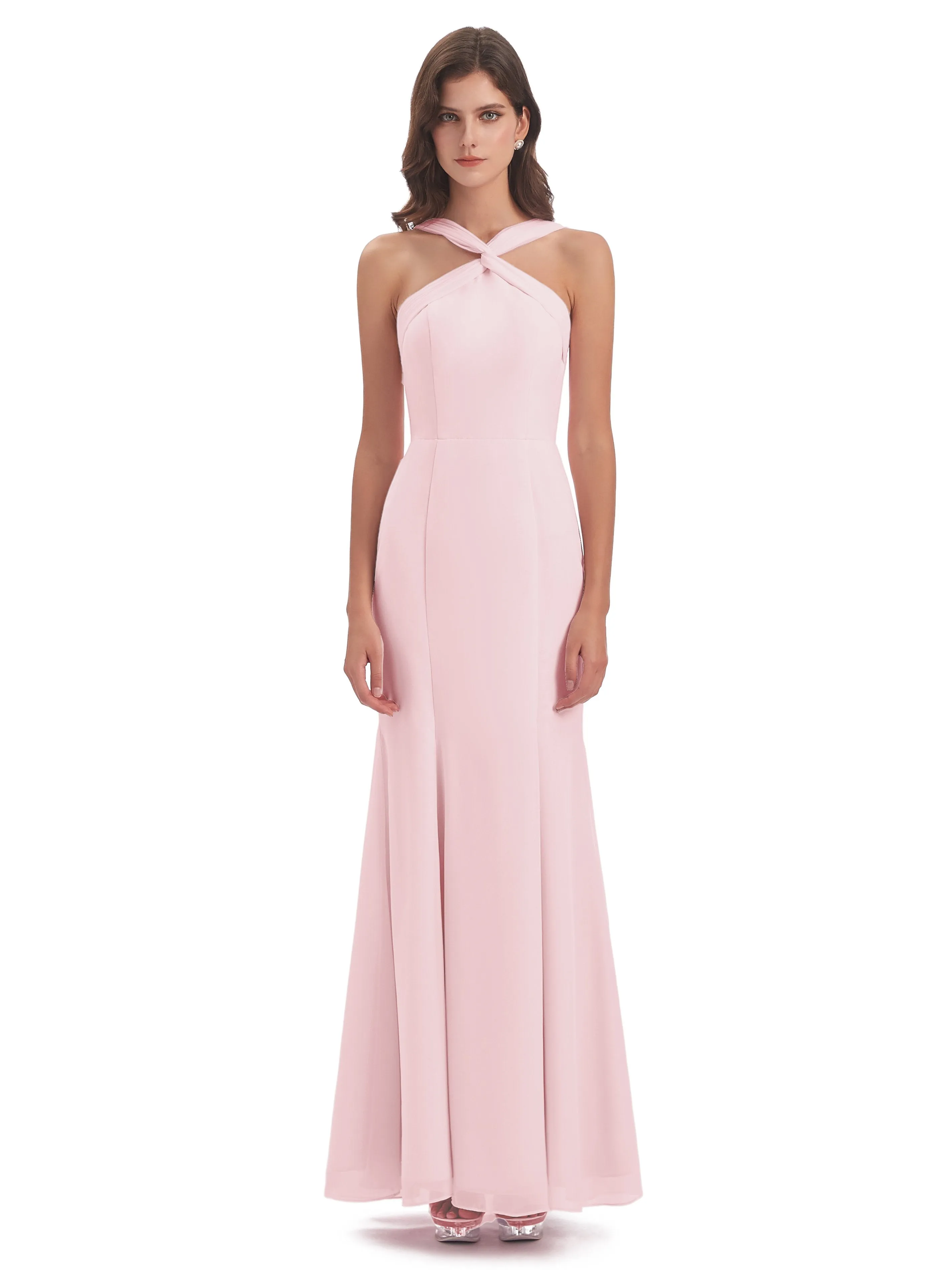 Evie Unique Trumpet-Hourglass Halter Split Long Bridesmaid Dresses