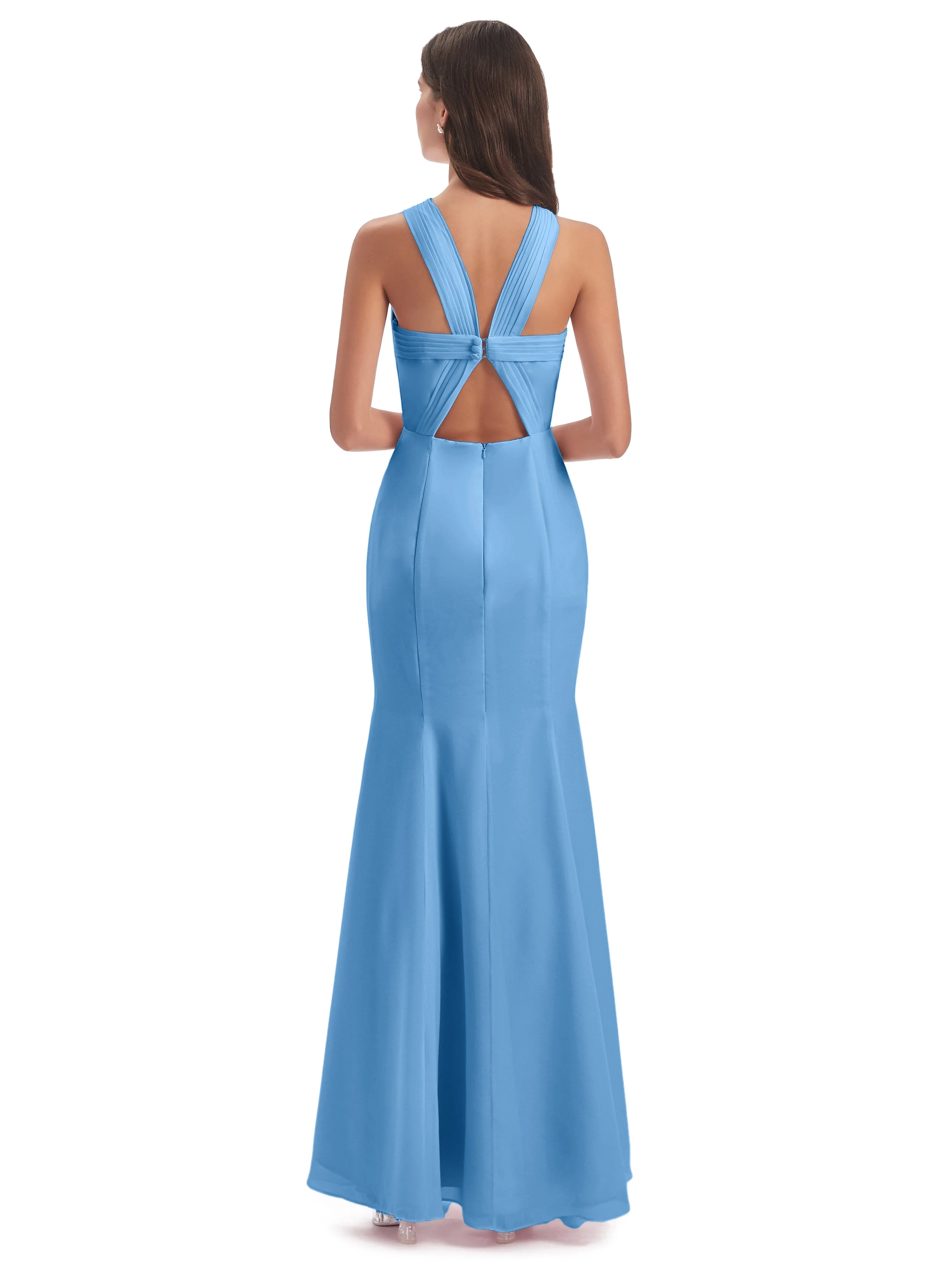 Evie Unique Trumpet-Hourglass Halter Split Long Bridesmaid Dresses