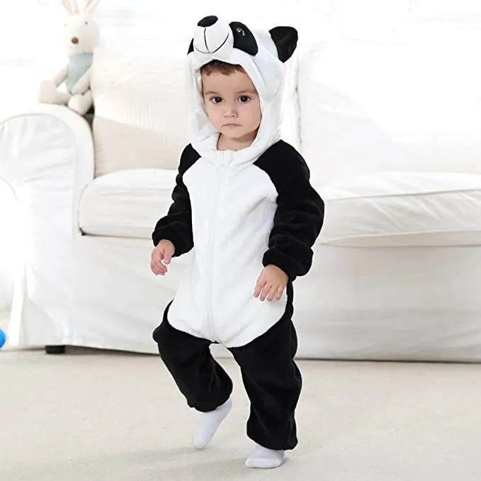 Fancydresswale Unisex Baby Flannel Jumpsuit Panda Style Cosplay Clothes Bunting Outfits Snowsuit Hooded Romper Outwear (Black & White Panda)