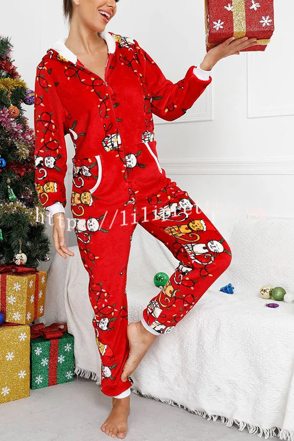 Festive Flavors Printed Flannel  Zipper Pocket Hooded Pajama Jumpsuit