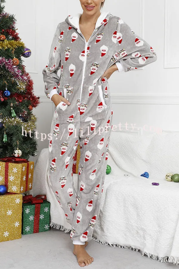 Festive Flavors Printed Flannel  Zipper Pocket Hooded Pajama Jumpsuit