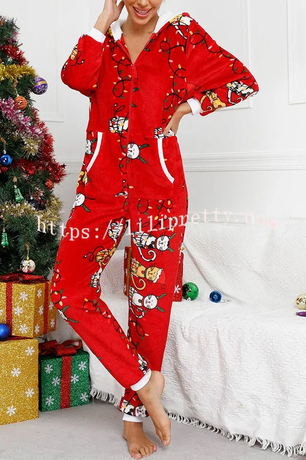 Festive Flavors Printed Flannel  Zipper Pocket Hooded Pajama Jumpsuit