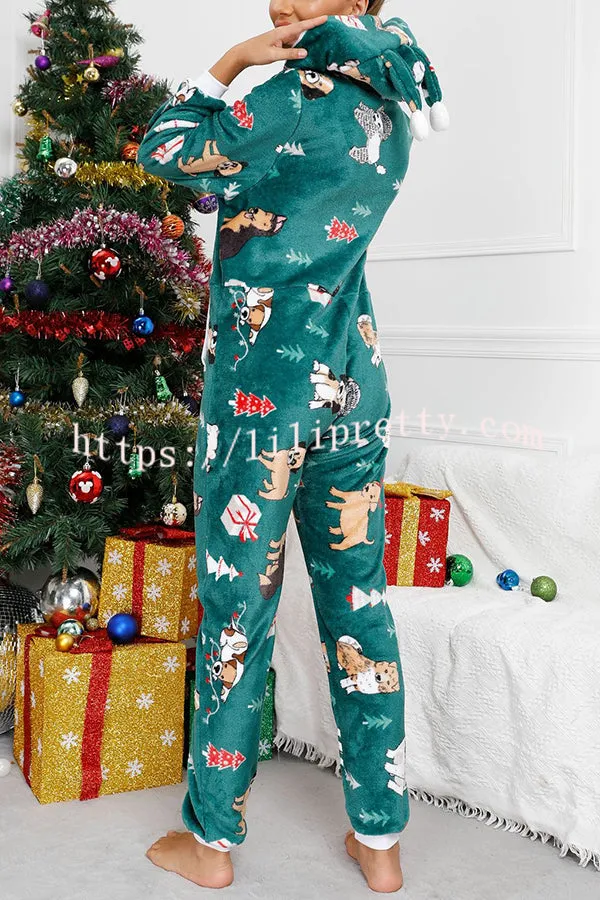 Festive Flavors Printed Flannel  Zipper Pocket Hooded Pajama Jumpsuit