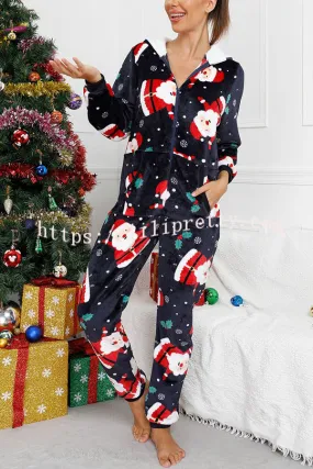 Festive Flavors Printed Flannel  Zipper Pocket Hooded Pajama Jumpsuit