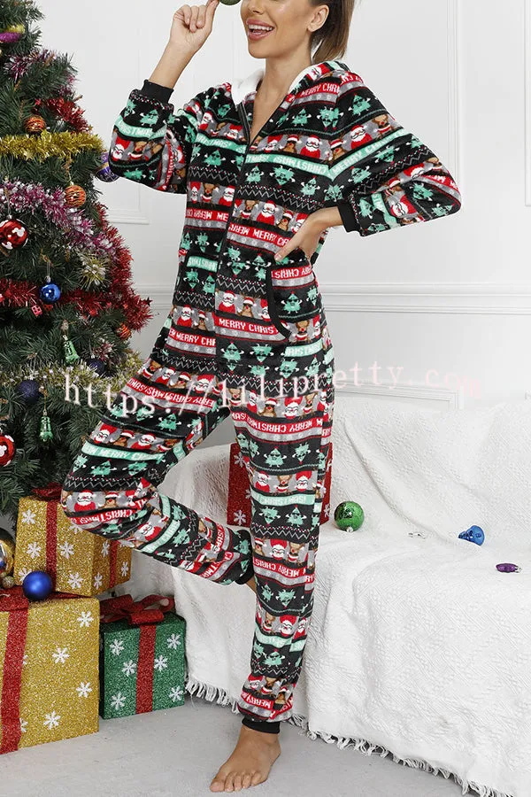 Festive Flavors Printed Flannel  Zipper Pocket Hooded Pajama Jumpsuit