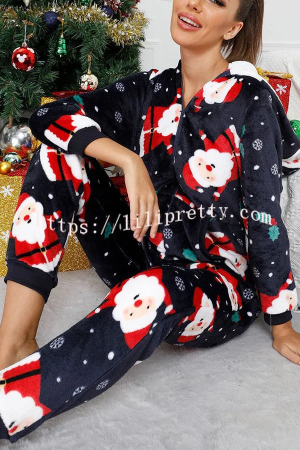 Festive Flavors Printed Flannel  Zipper Pocket Hooded Pajama Jumpsuit