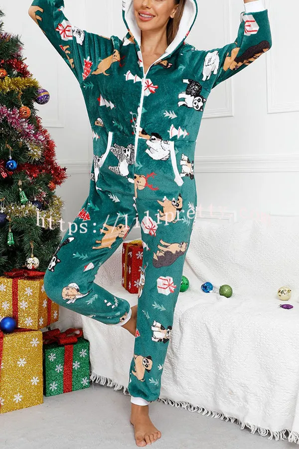 Festive Flavors Printed Flannel  Zipper Pocket Hooded Pajama Jumpsuit