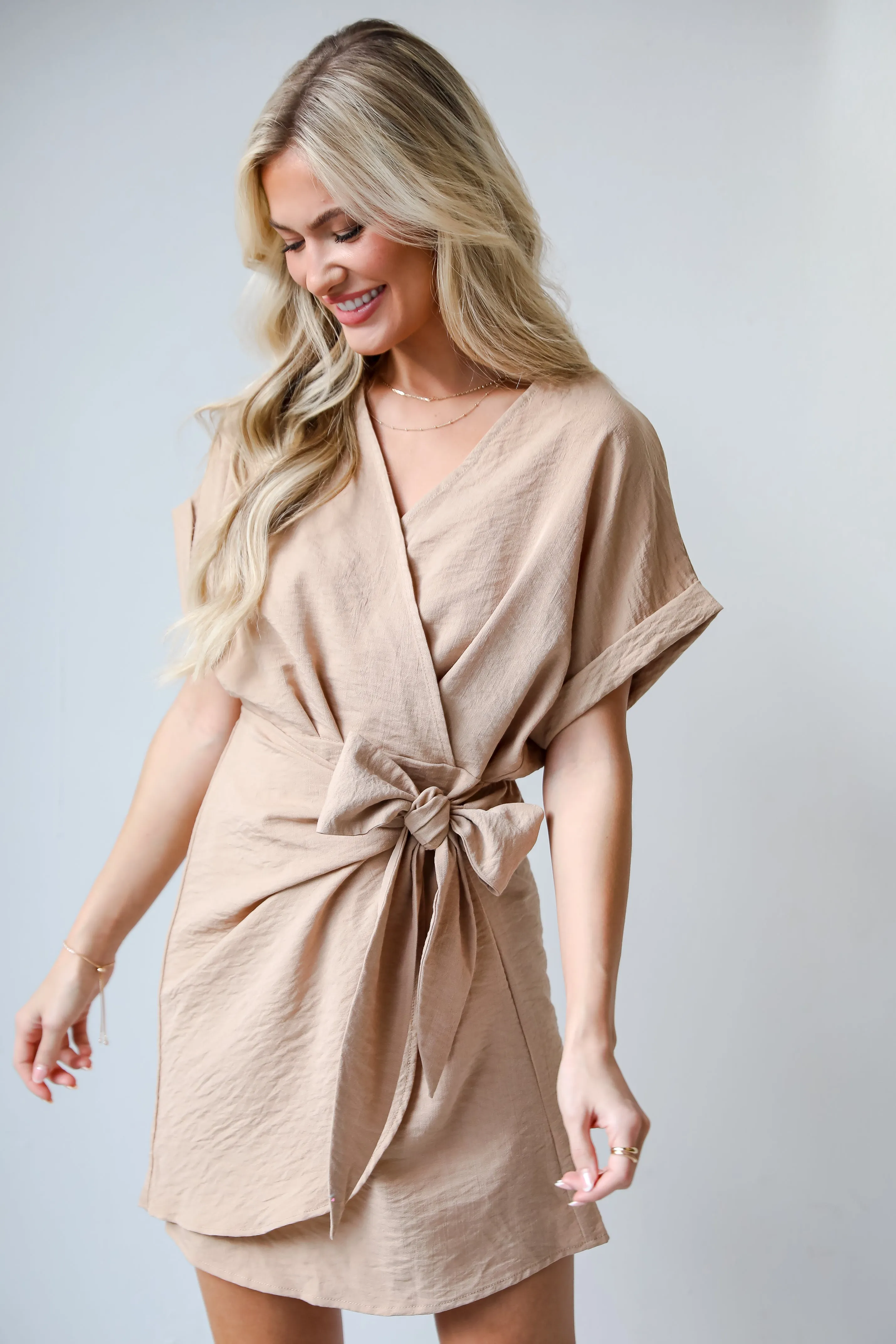 FINAL SALE - Fun And Flirty Camel Wrap Mini Dress - DU DEAL