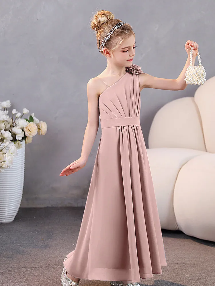 Floral One Shoulder Chiffon Junior Bridesmaid Dresses