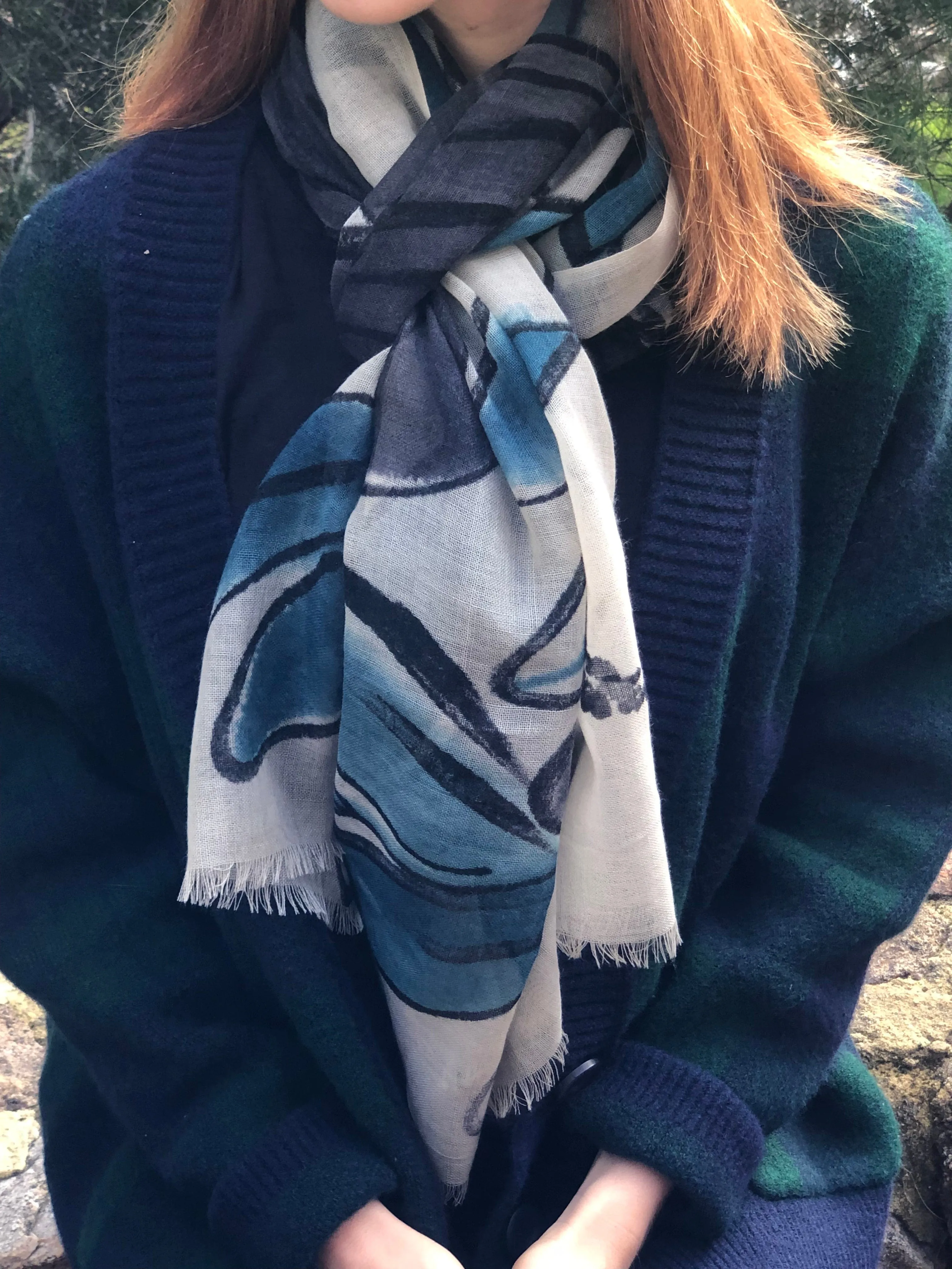 Floral Scarf -Pure Fine Wool - Teal Scarf Shawl