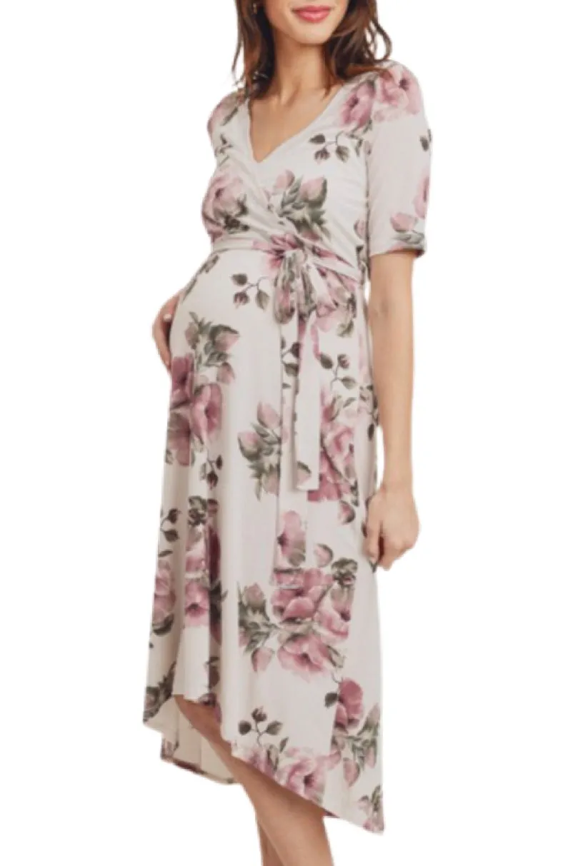 Floral Wrap Maternity Nursing Dress Style 1623 in Cream