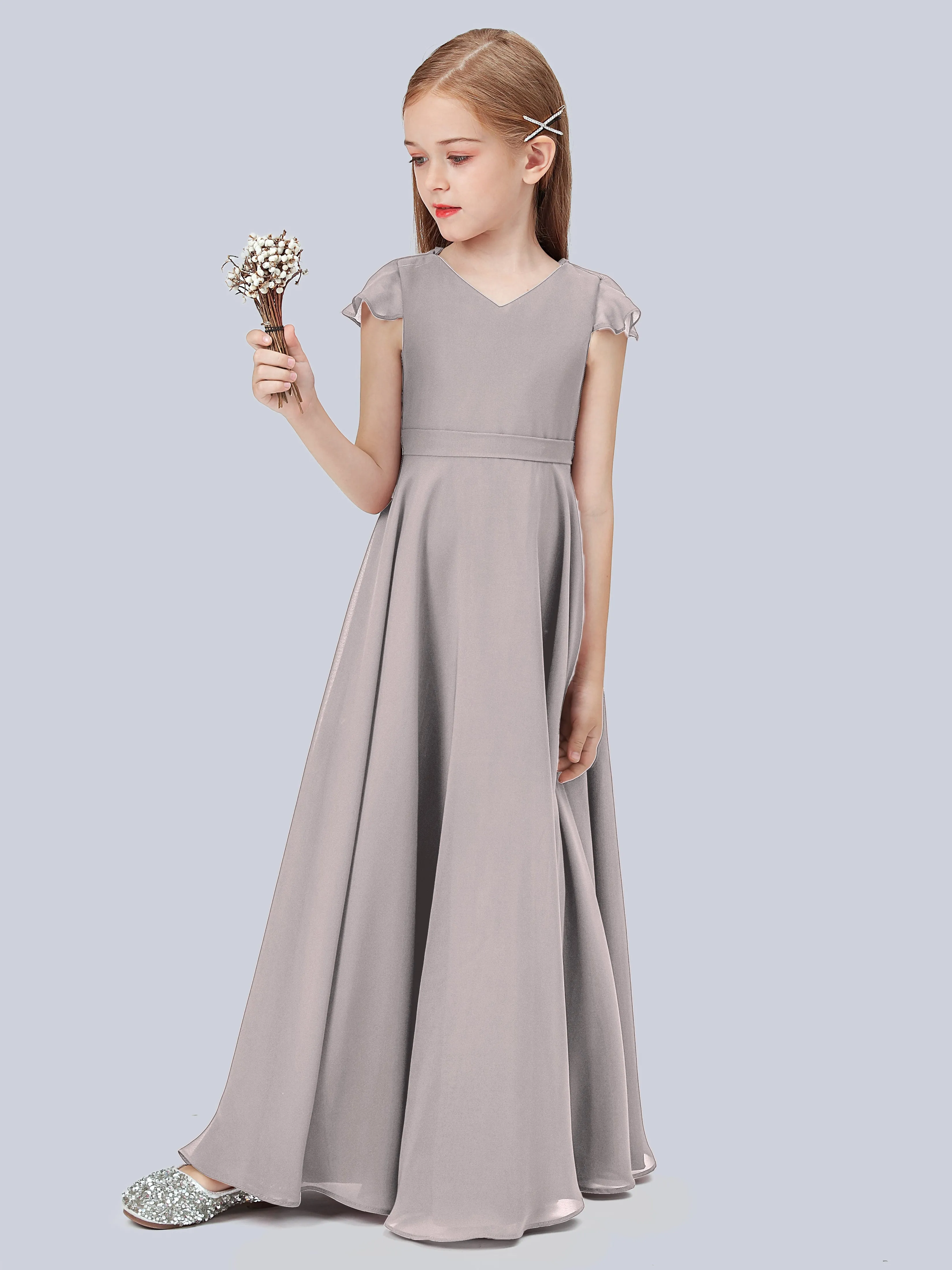 Flounce Cap Sleeves Chiffon Junior Bridesmaid Dress