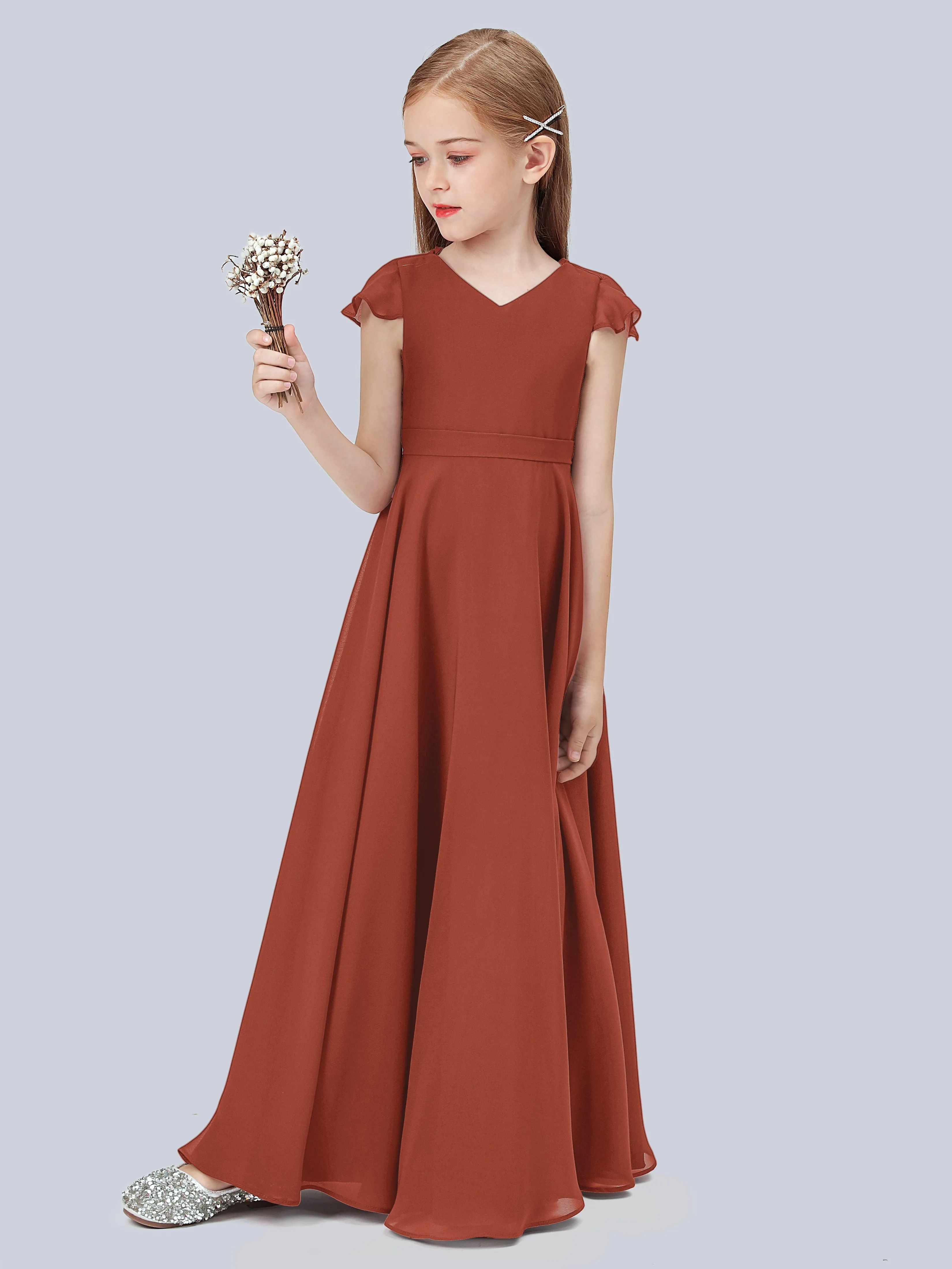 Flounce Cap Sleeves Chiffon Junior Bridesmaid Dress