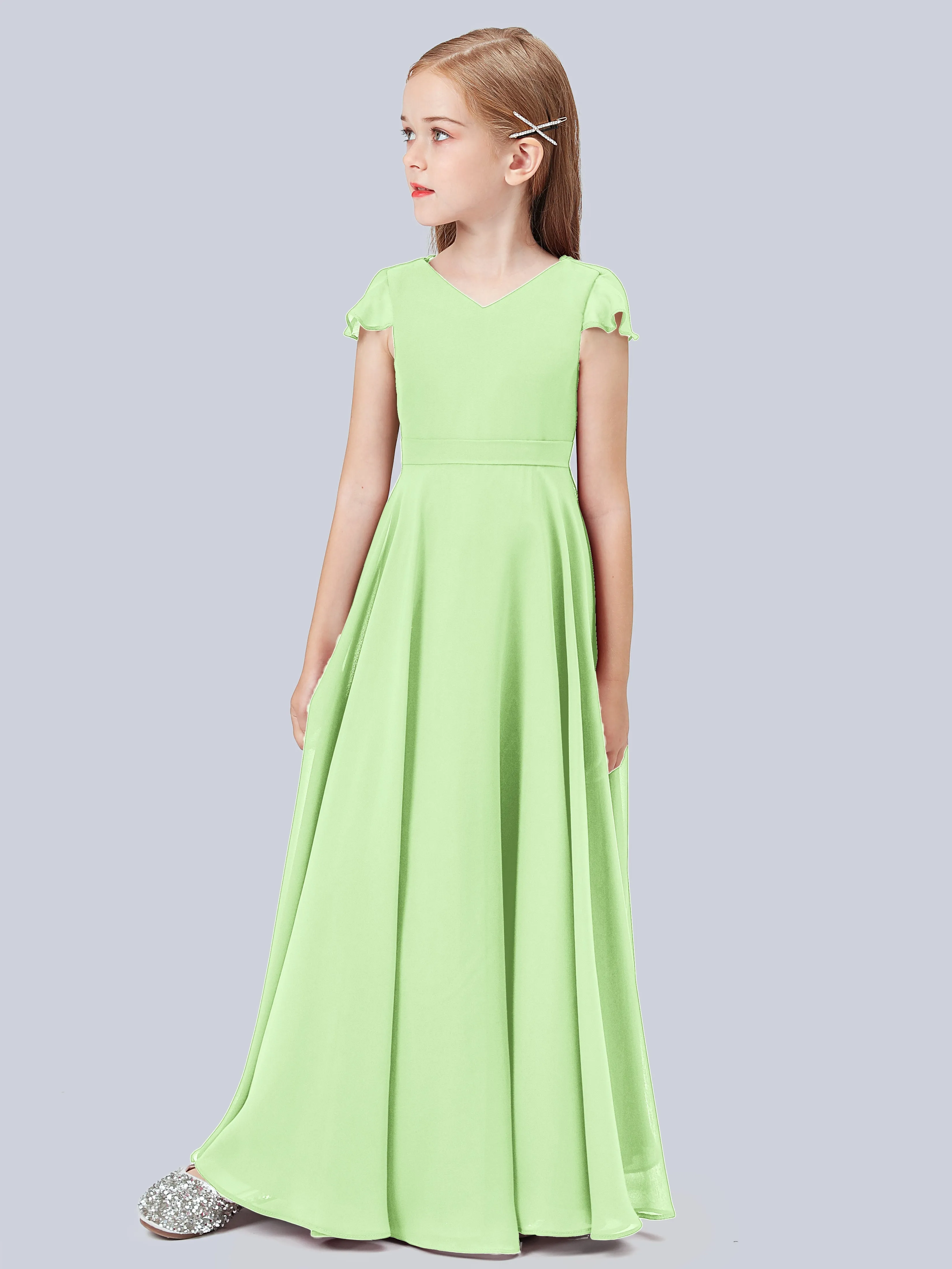 Flounce Cap Sleeves Chiffon Junior Bridesmaid Dress