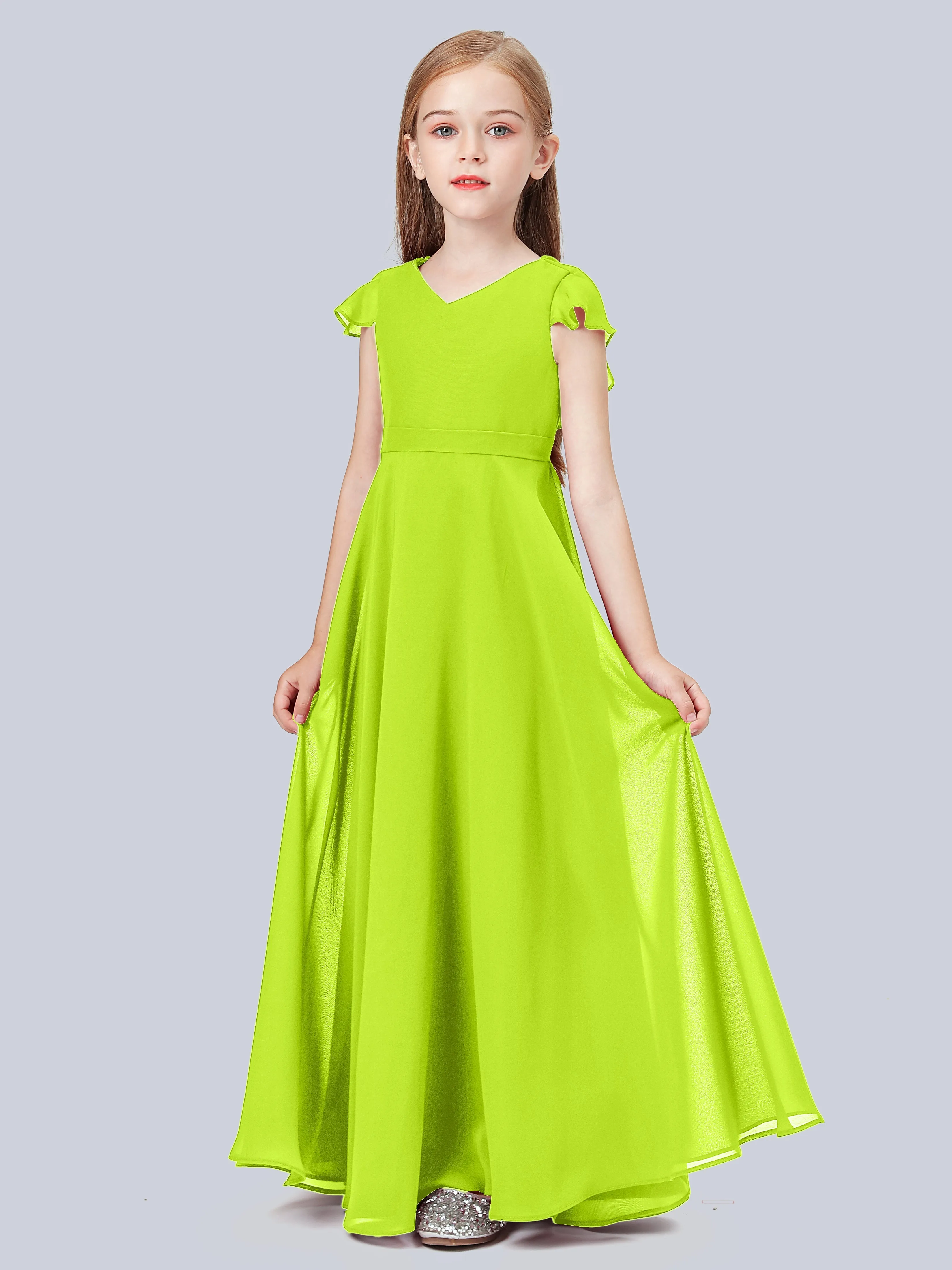 Flounce Cap Sleeves Chiffon Junior Bridesmaid Dress