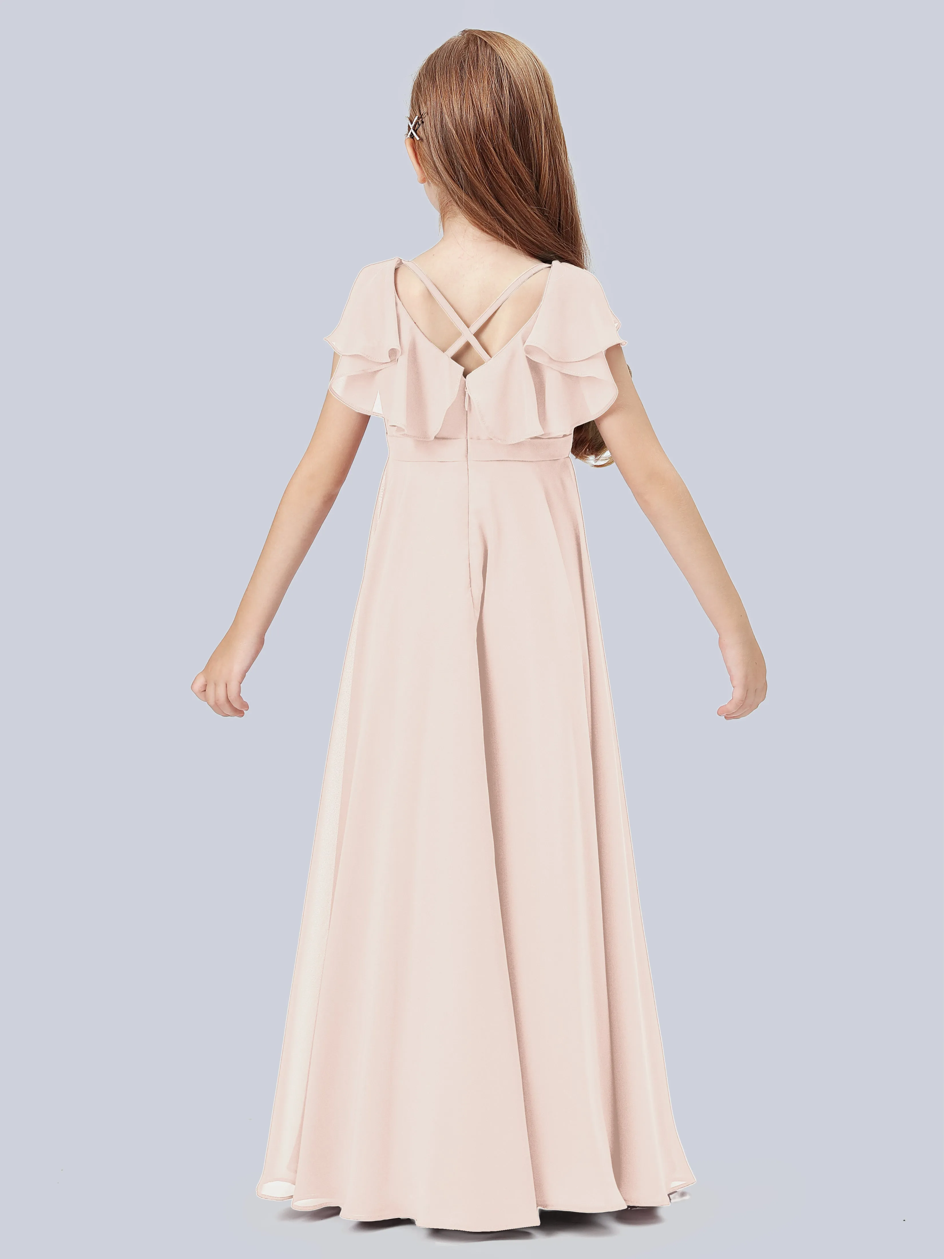 Flounce Cap Sleeves Chiffon Junior Bridesmaid Dress