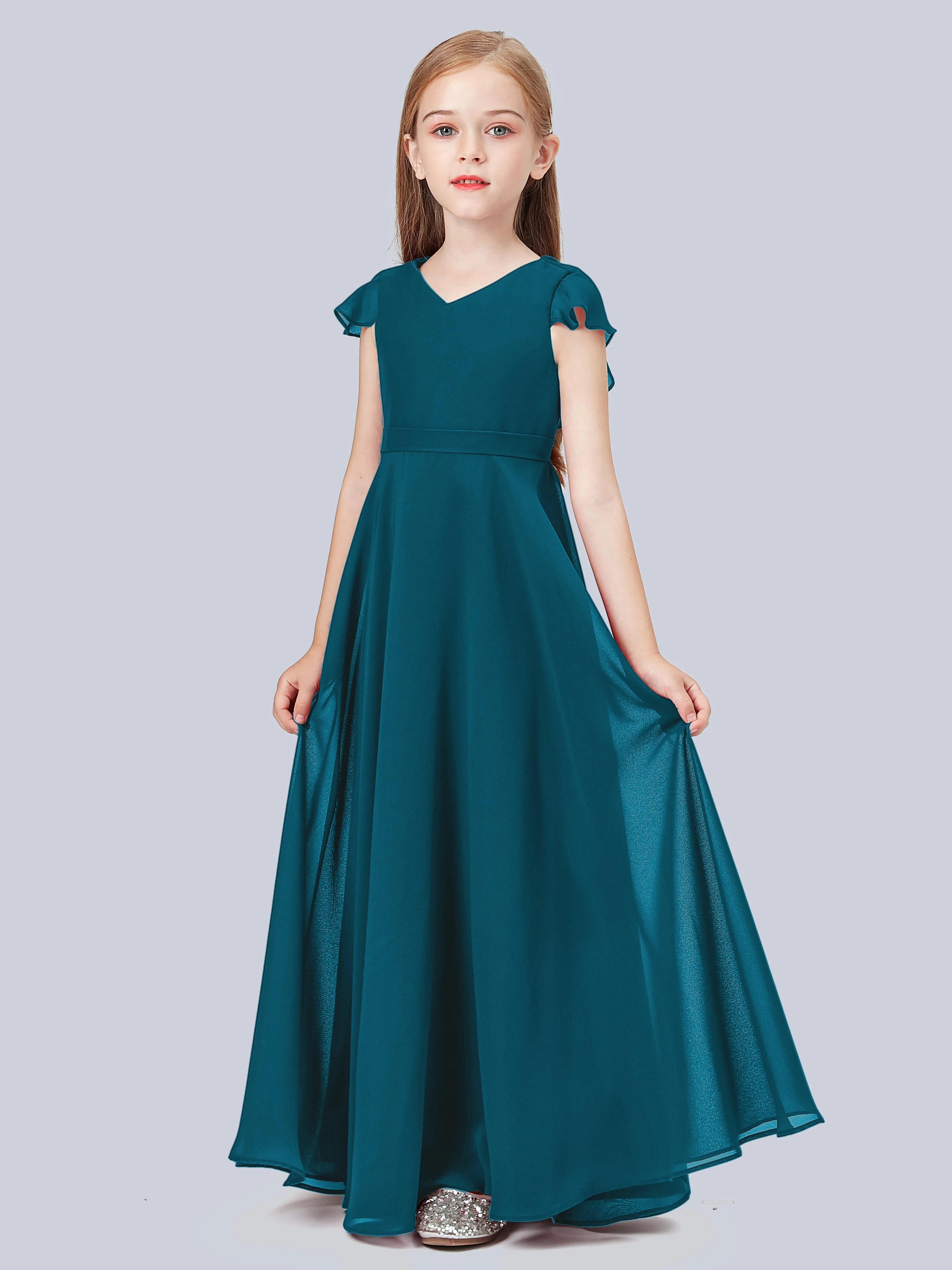 Flounce Cap Sleeves Chiffon Junior Bridesmaid Dress