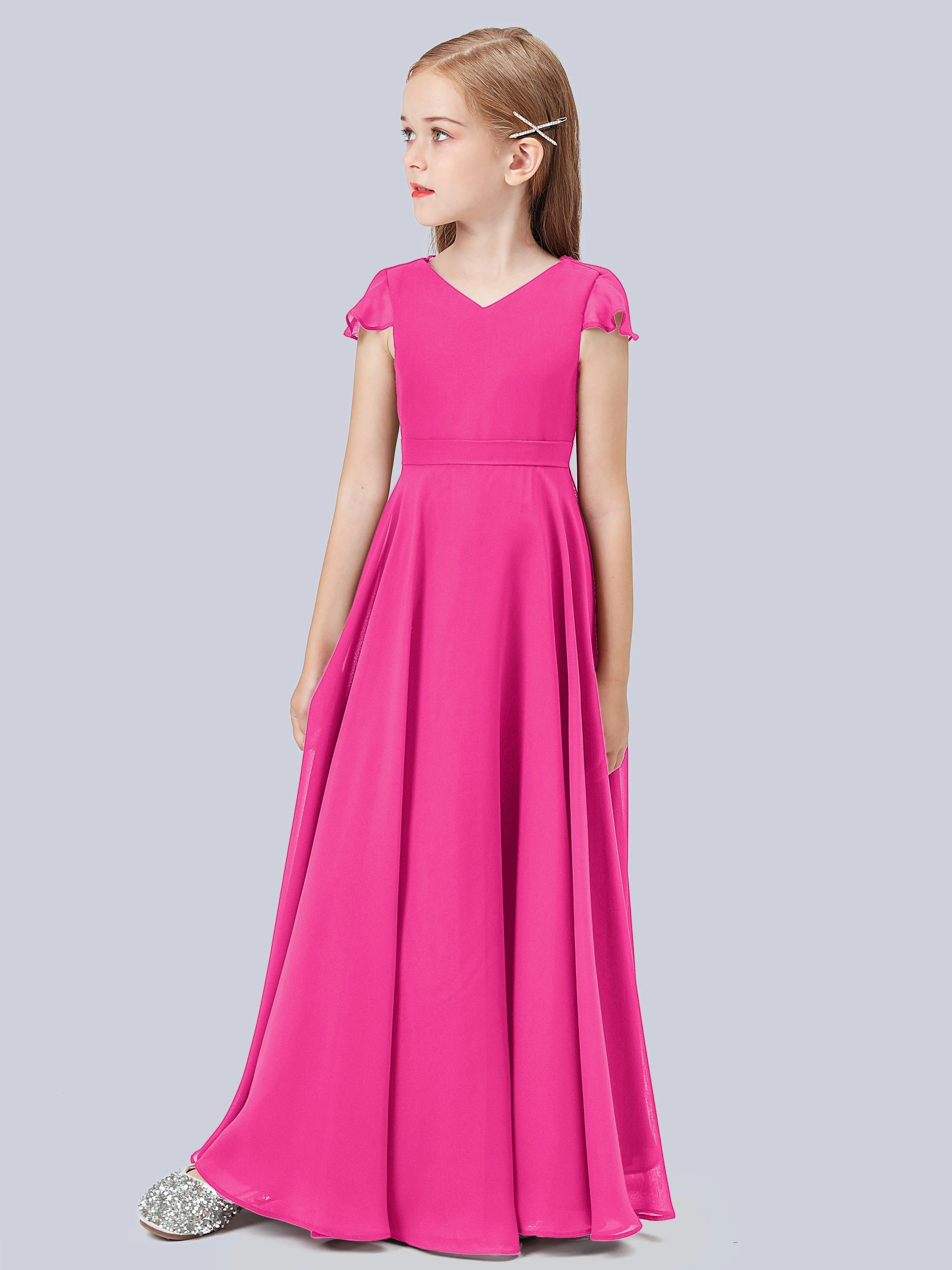 Flounce Cap Sleeves Chiffon Junior Bridesmaid Dress