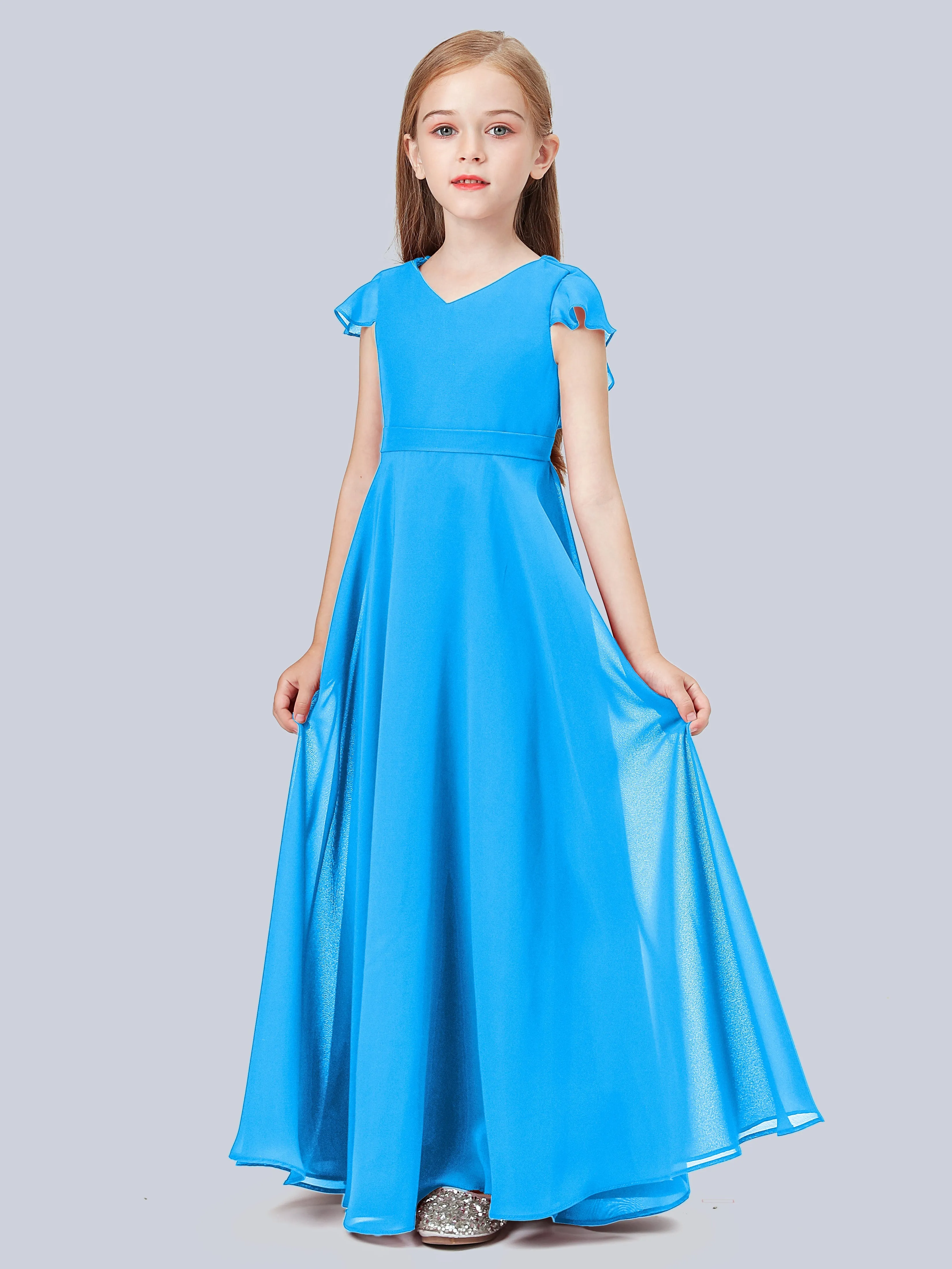 Flounce Cap Sleeves Chiffon Junior Bridesmaid Dress