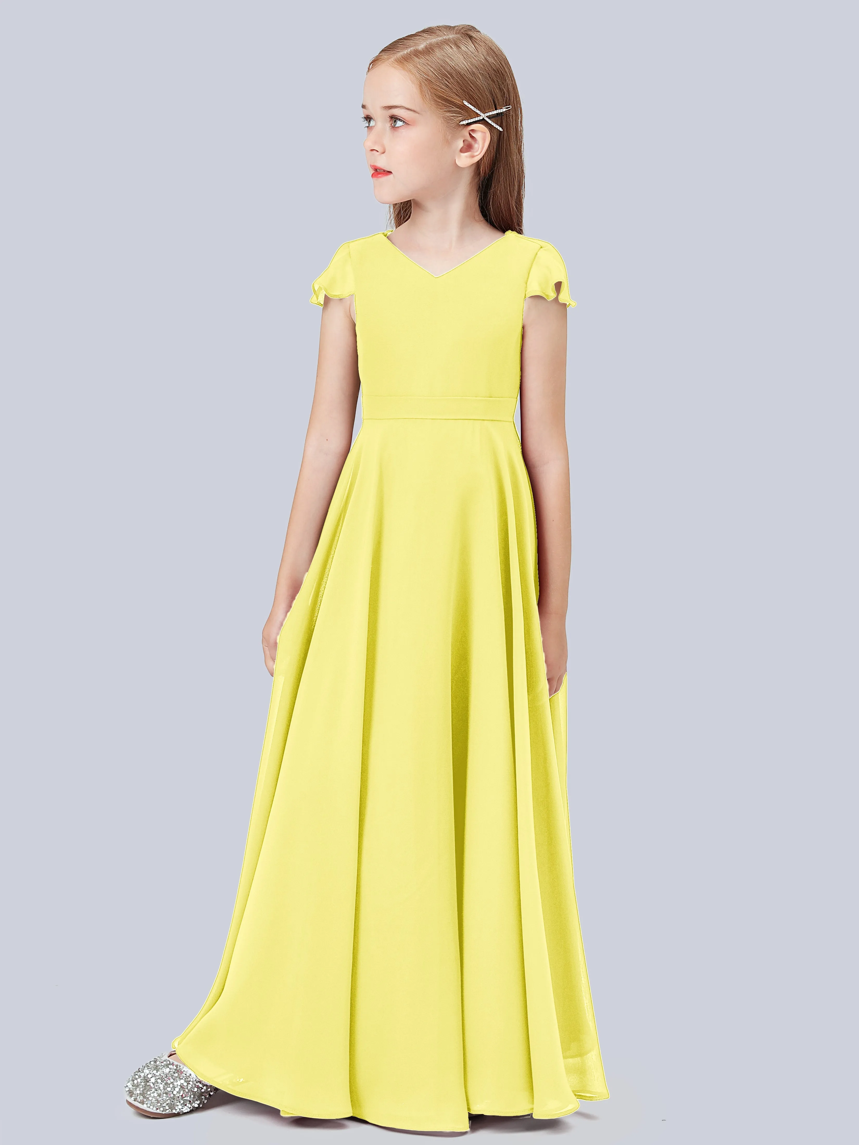 Flounce Cap Sleeves Chiffon Junior Bridesmaid Dress