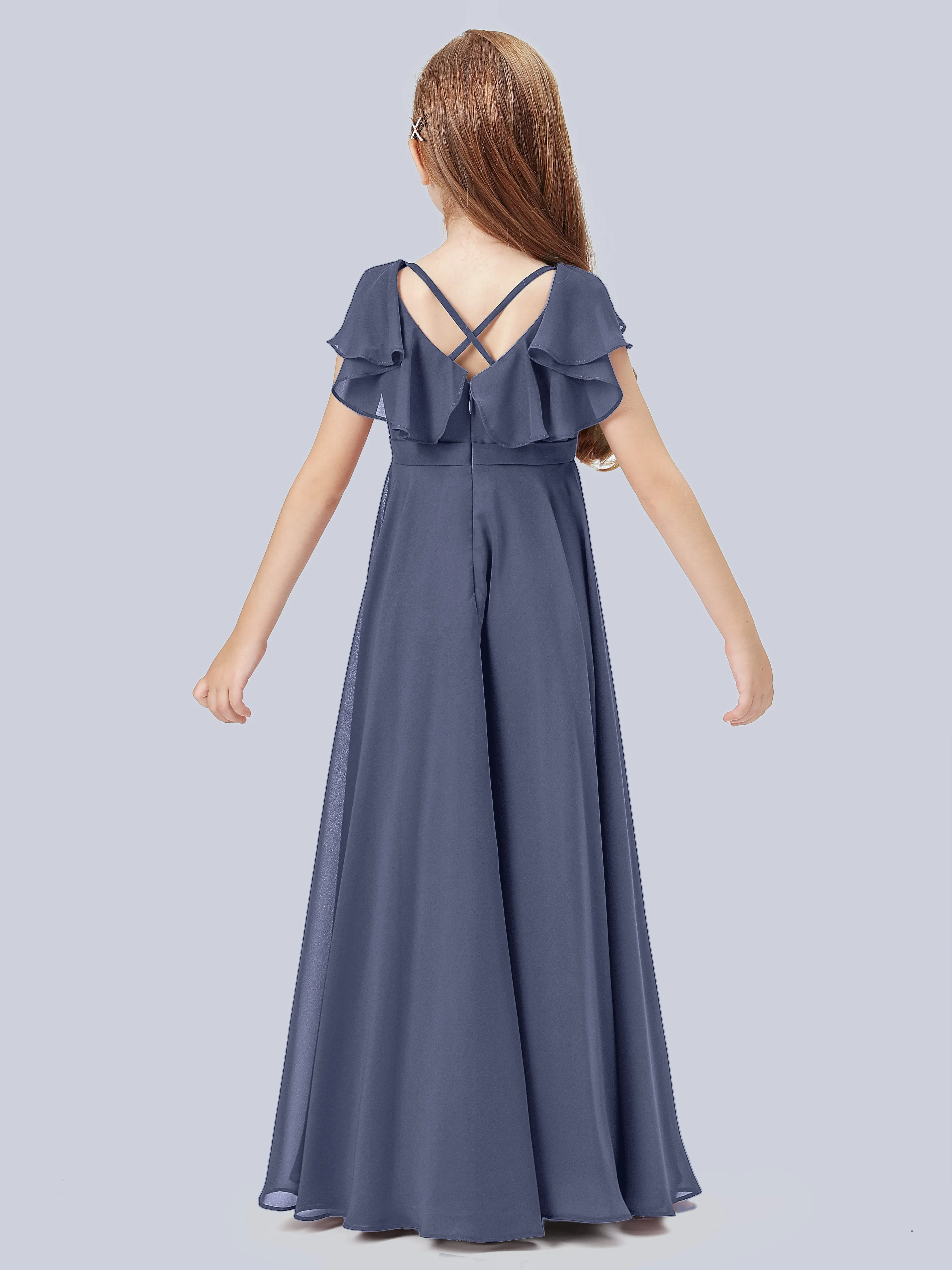 Flounce Cap Sleeves Chiffon Junior Bridesmaid Dress