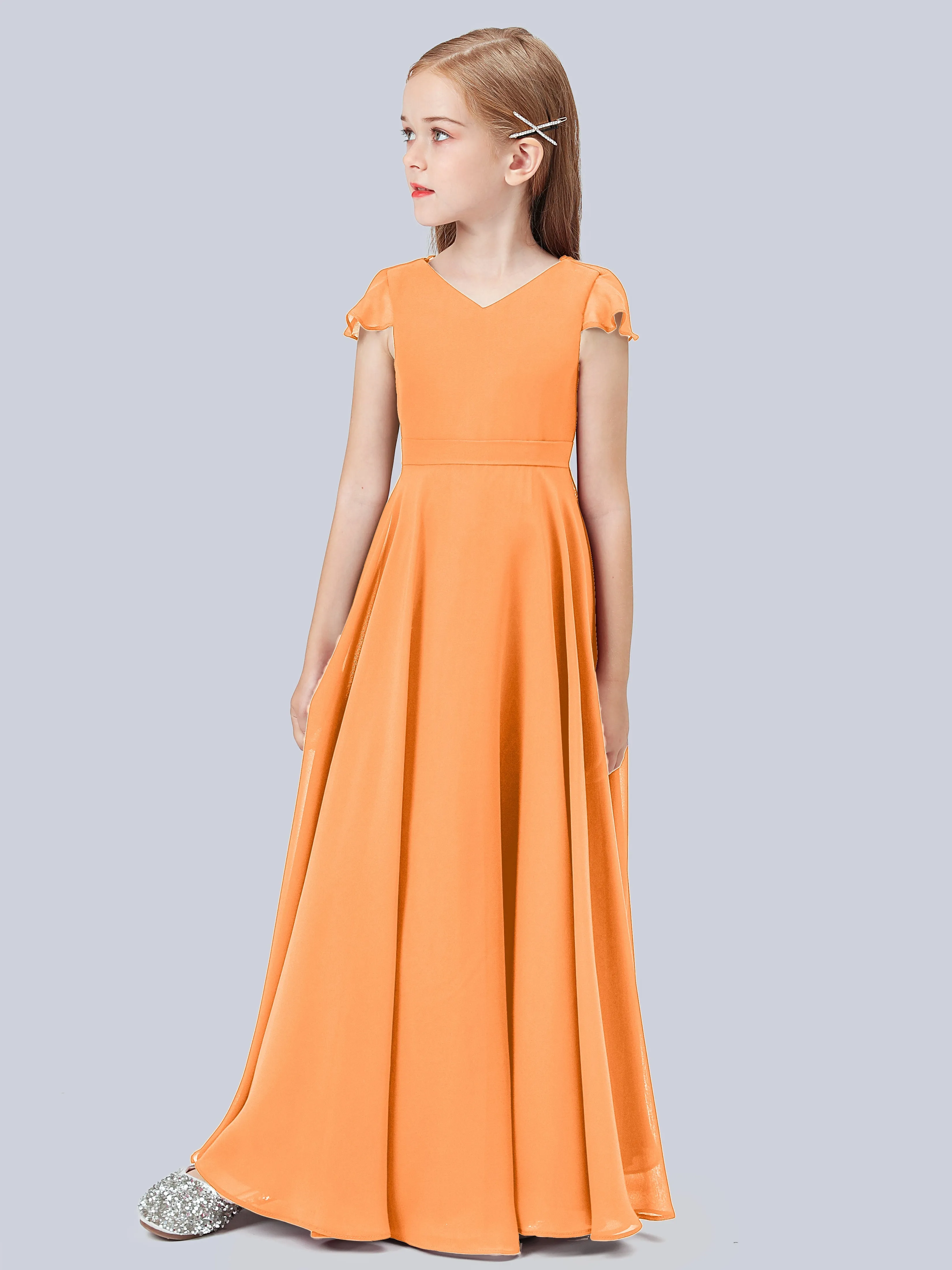 Flounce Cap Sleeves Chiffon Junior Bridesmaid Dress