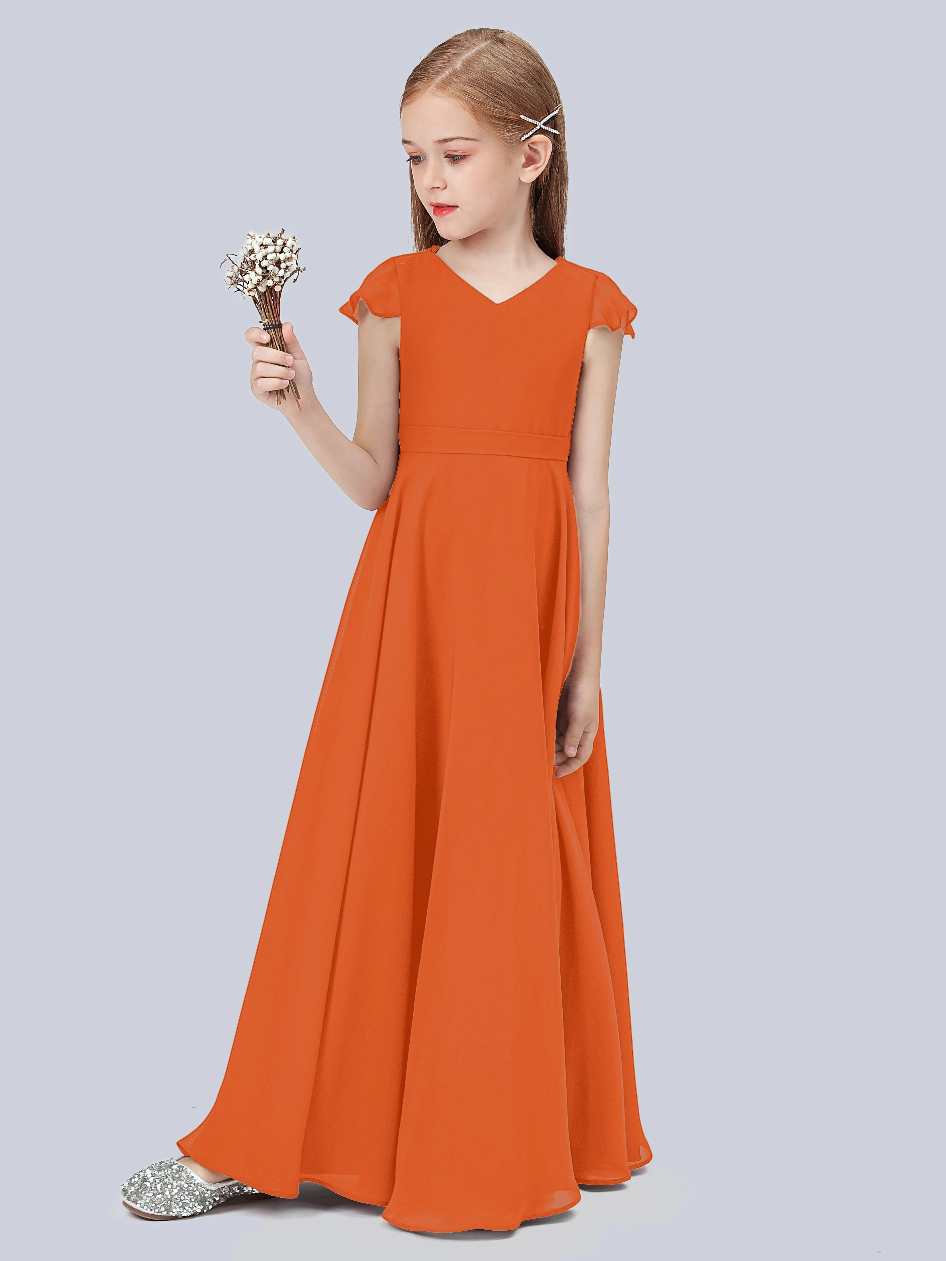 Flounce Cap Sleeves Chiffon Junior Bridesmaid Dress