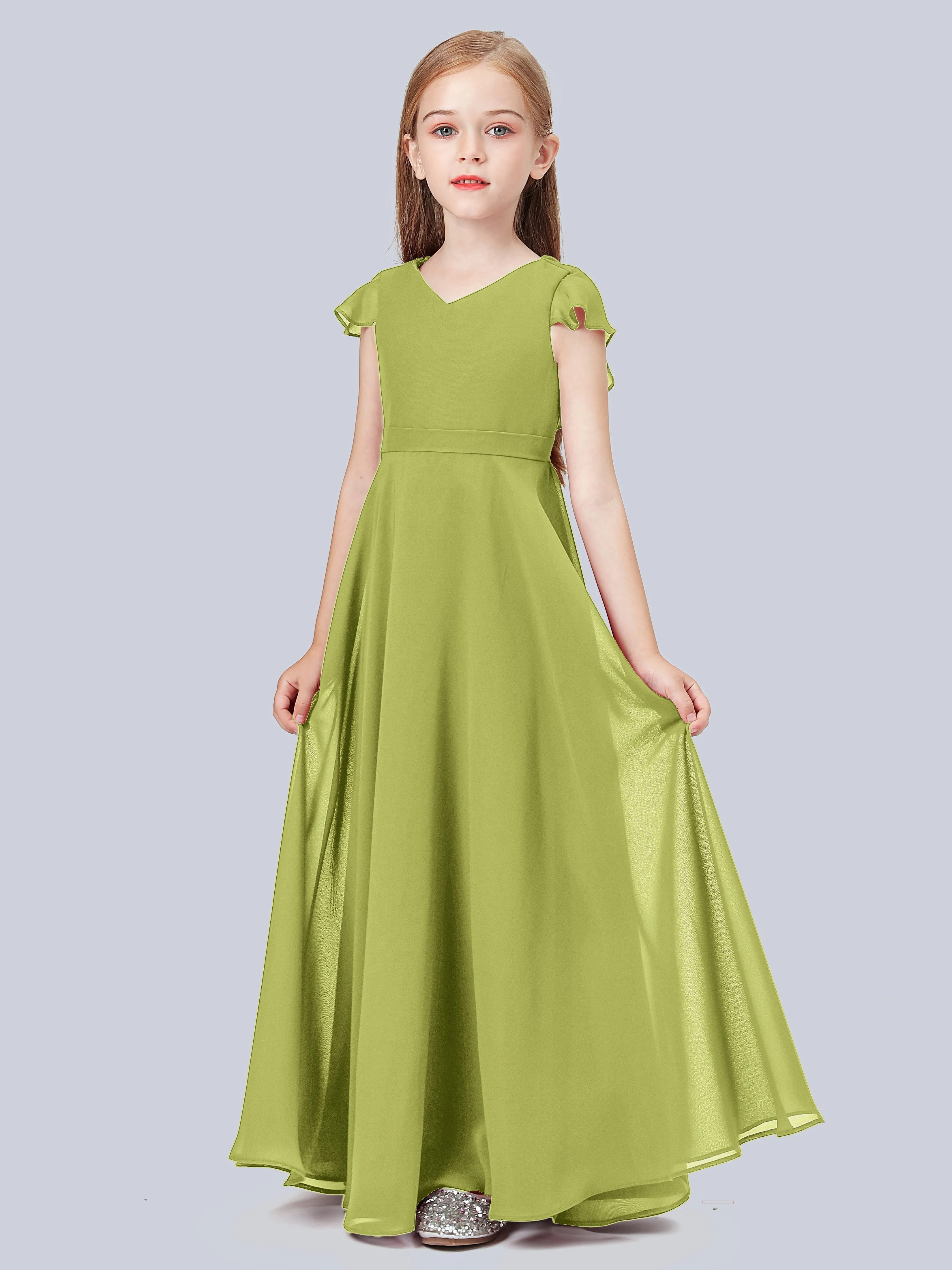 Flounce Cap Sleeves Chiffon Junior Bridesmaid Dress