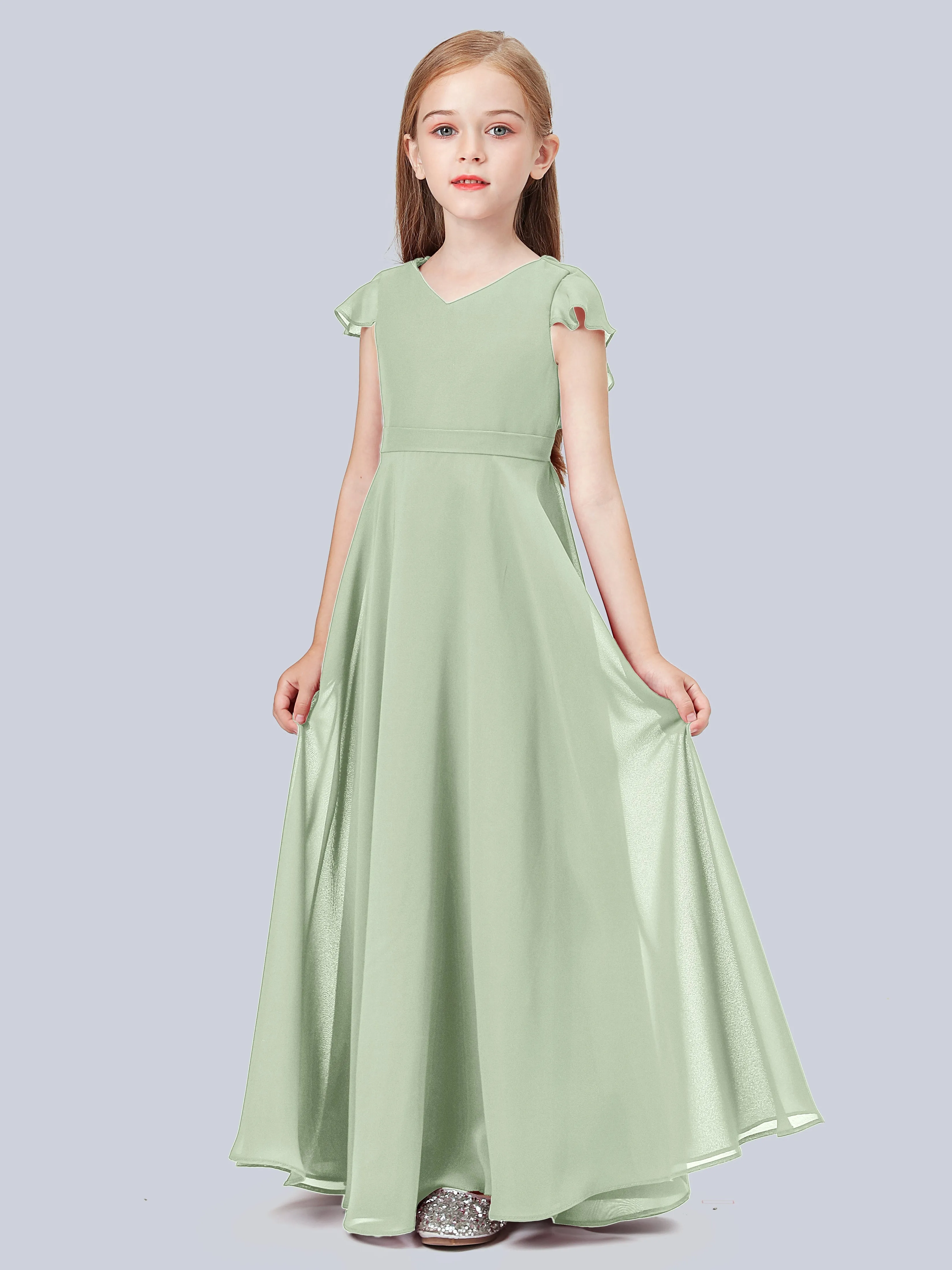 Flounce Cap Sleeves Chiffon Junior Bridesmaid Dress