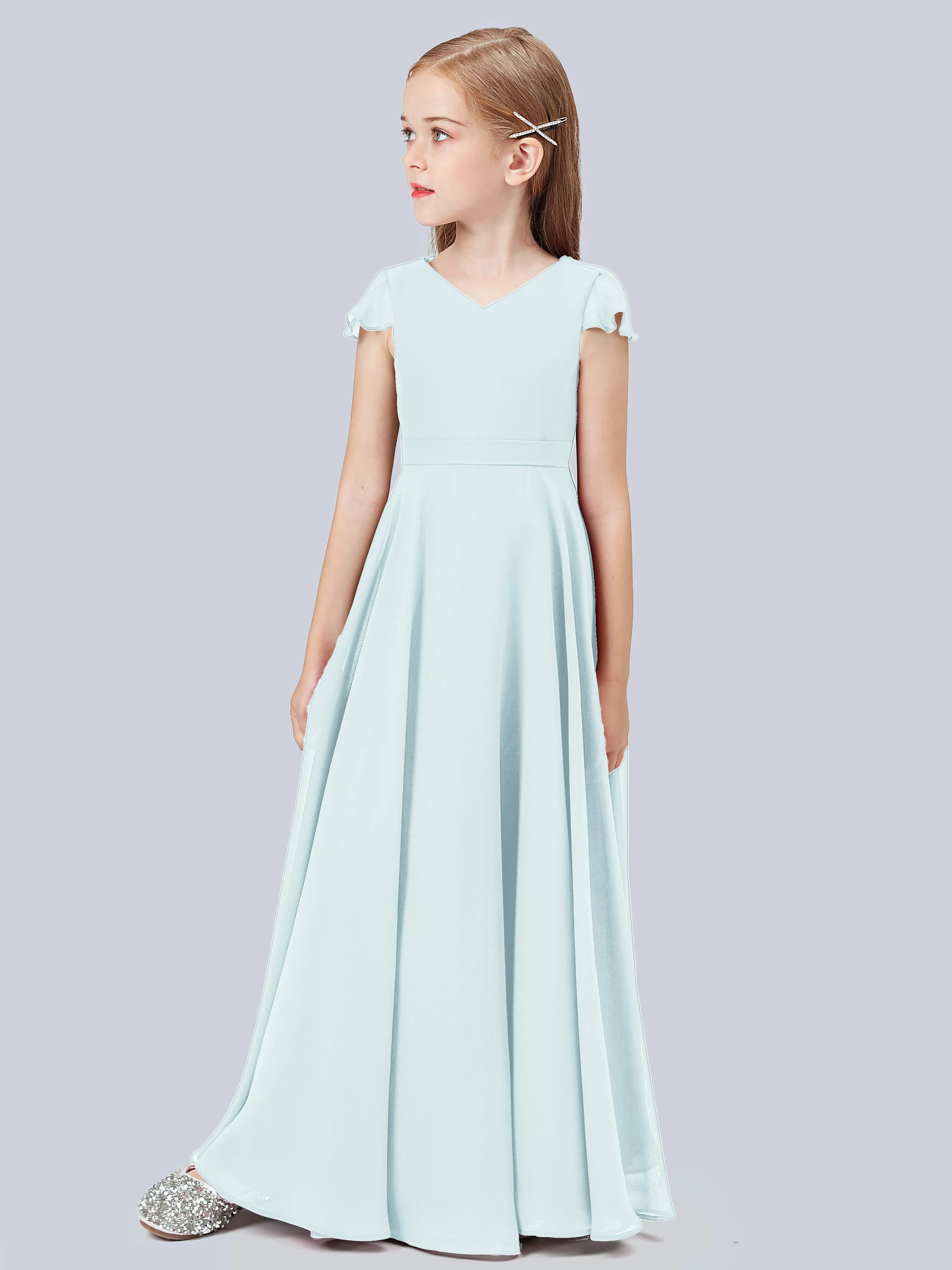 Flounce Cap Sleeves Chiffon Junior Bridesmaid Dress