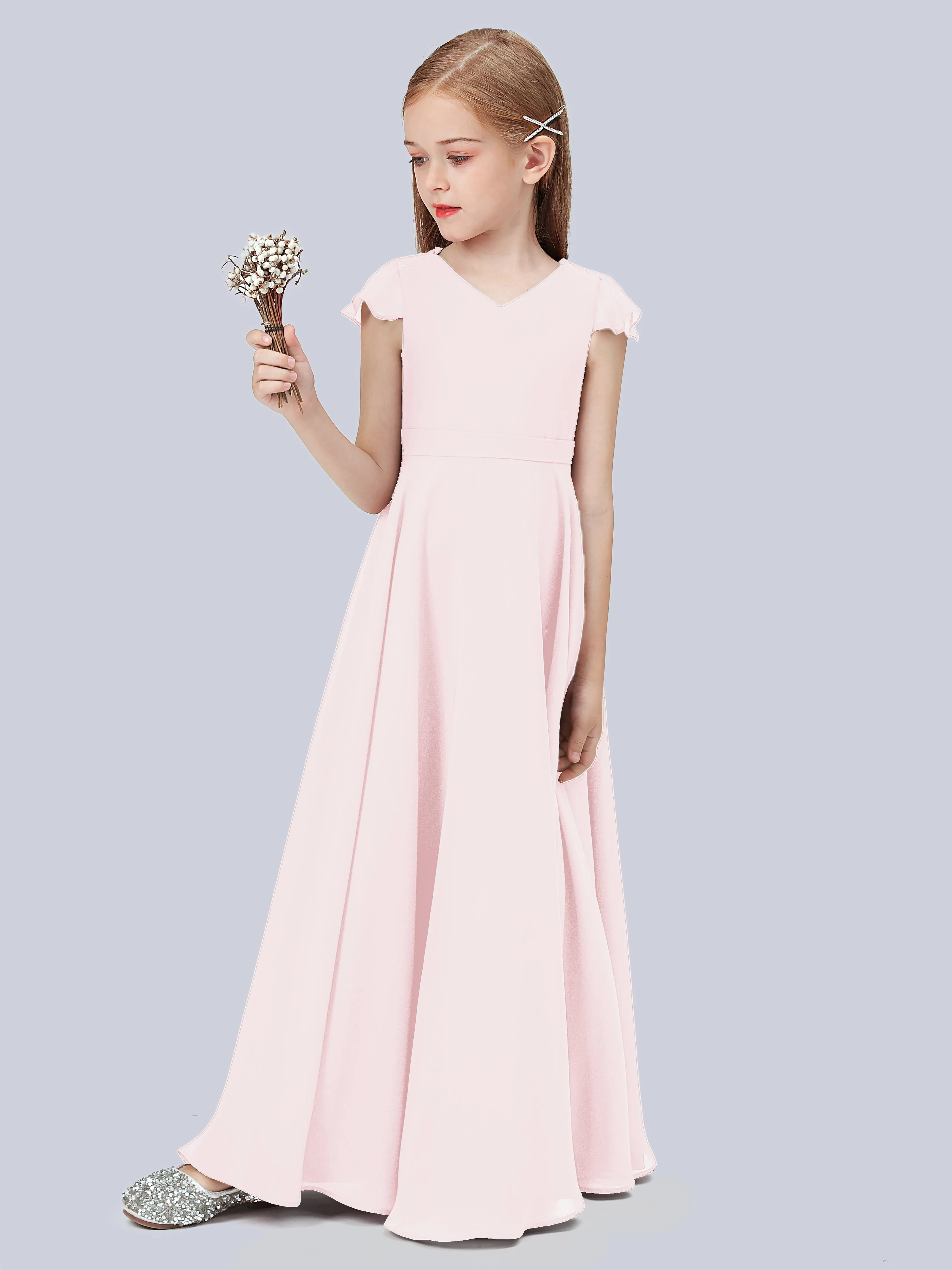 Flounce Cap Sleeves Chiffon Junior Bridesmaid Dress