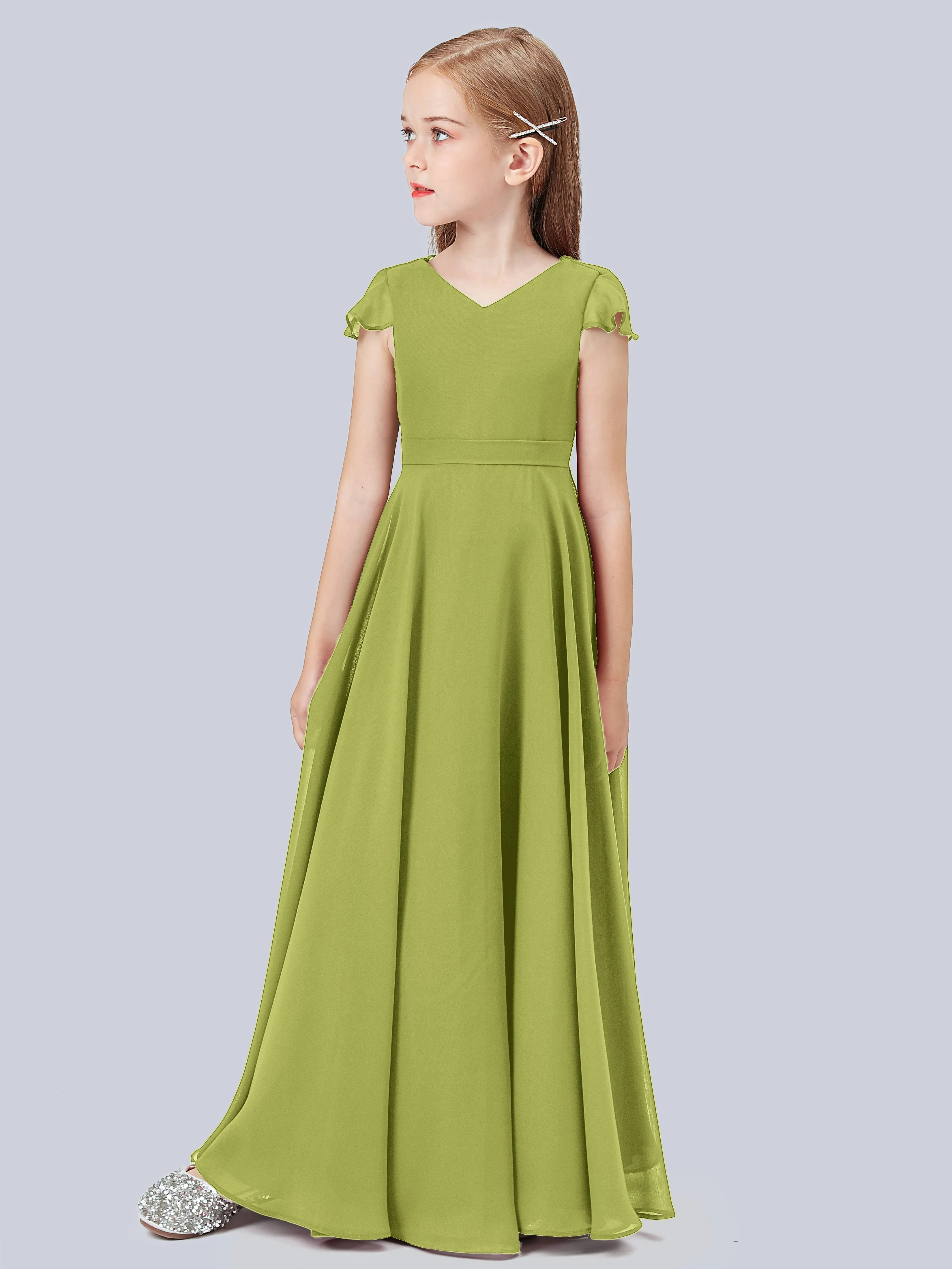 Flounce Cap Sleeves Chiffon Junior Bridesmaid Dress