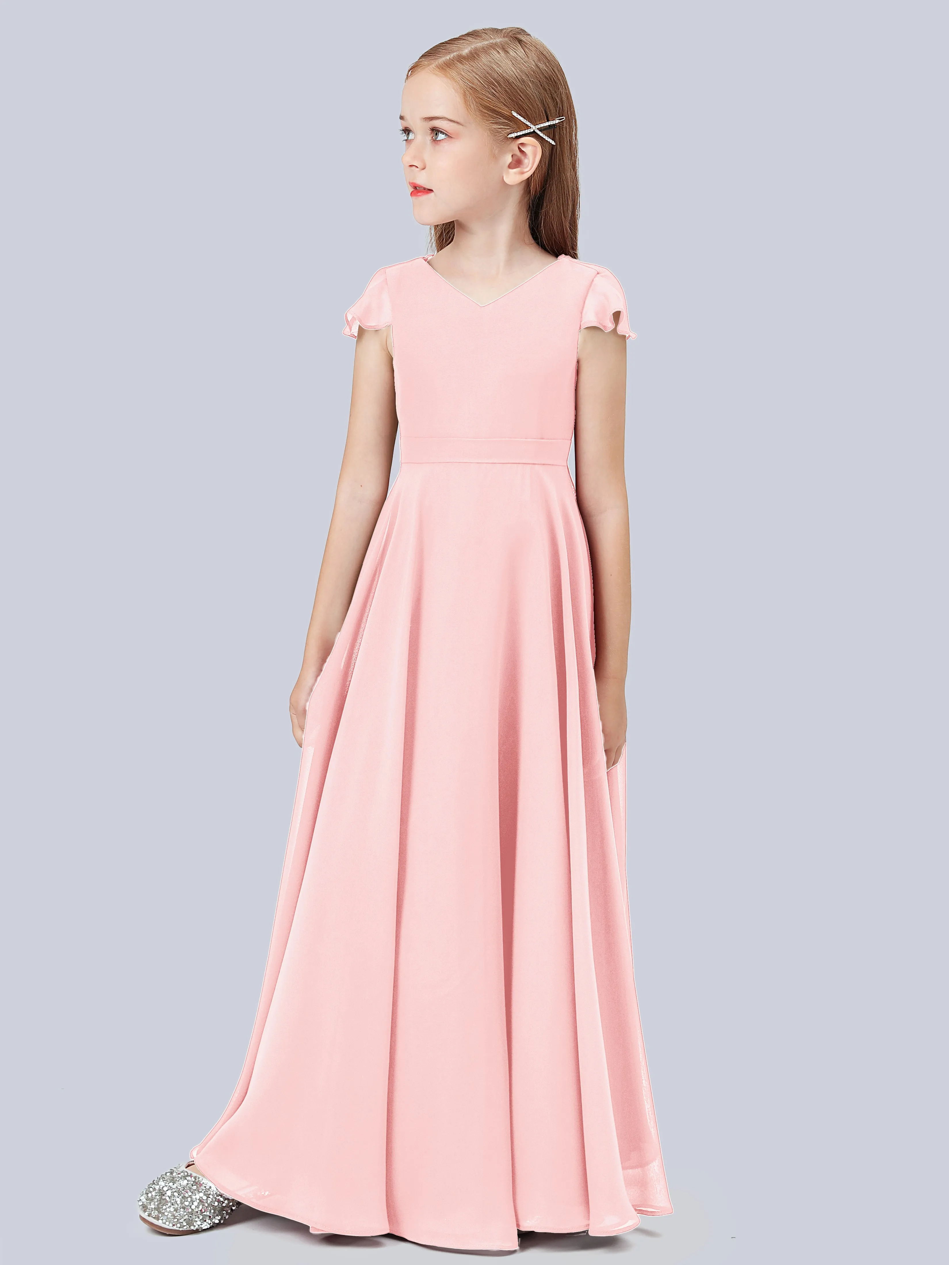 Flounce Cap Sleeves Chiffon Junior Bridesmaid Dress