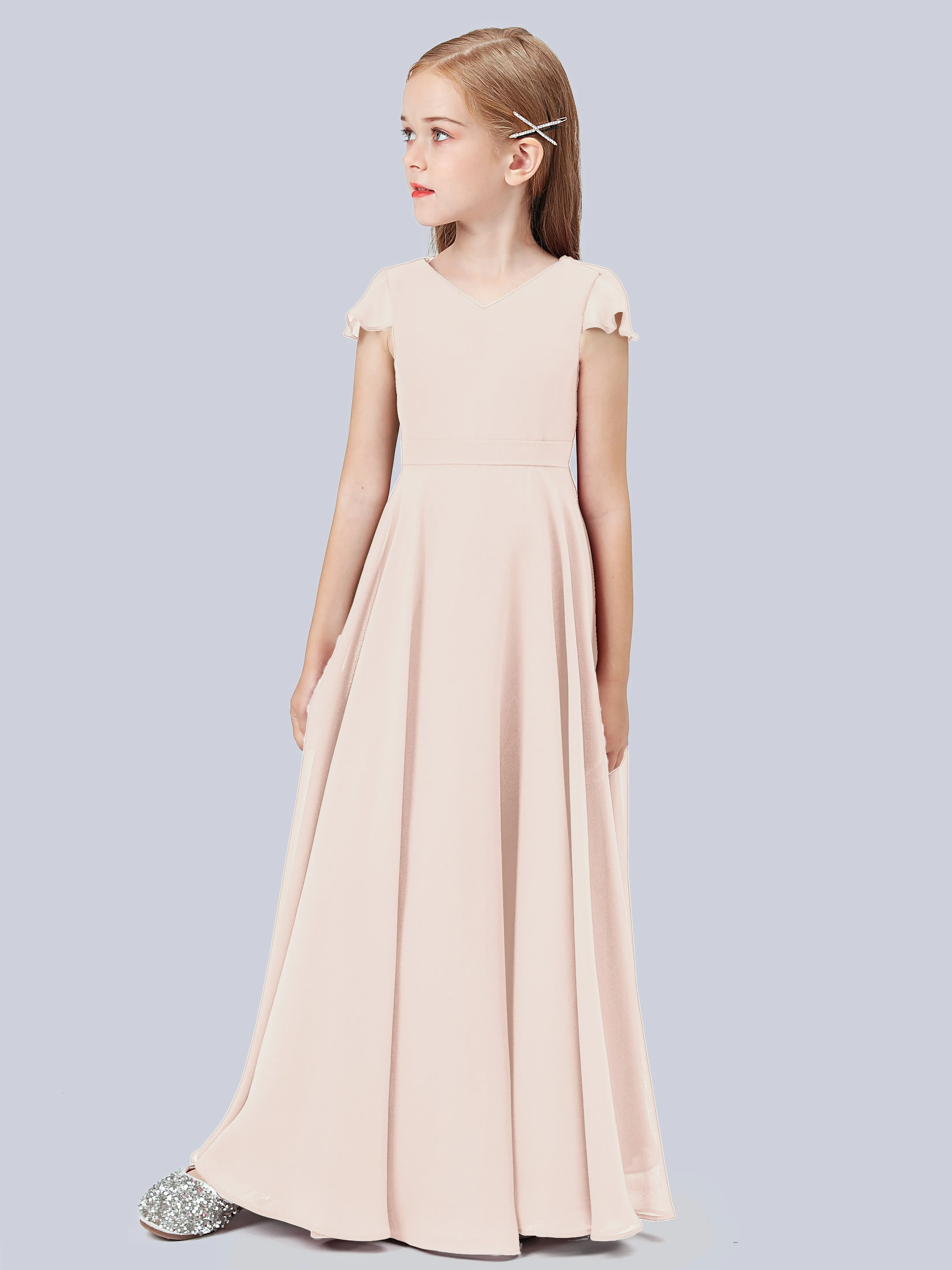 Flounce Cap Sleeves Chiffon Junior Bridesmaid Dress