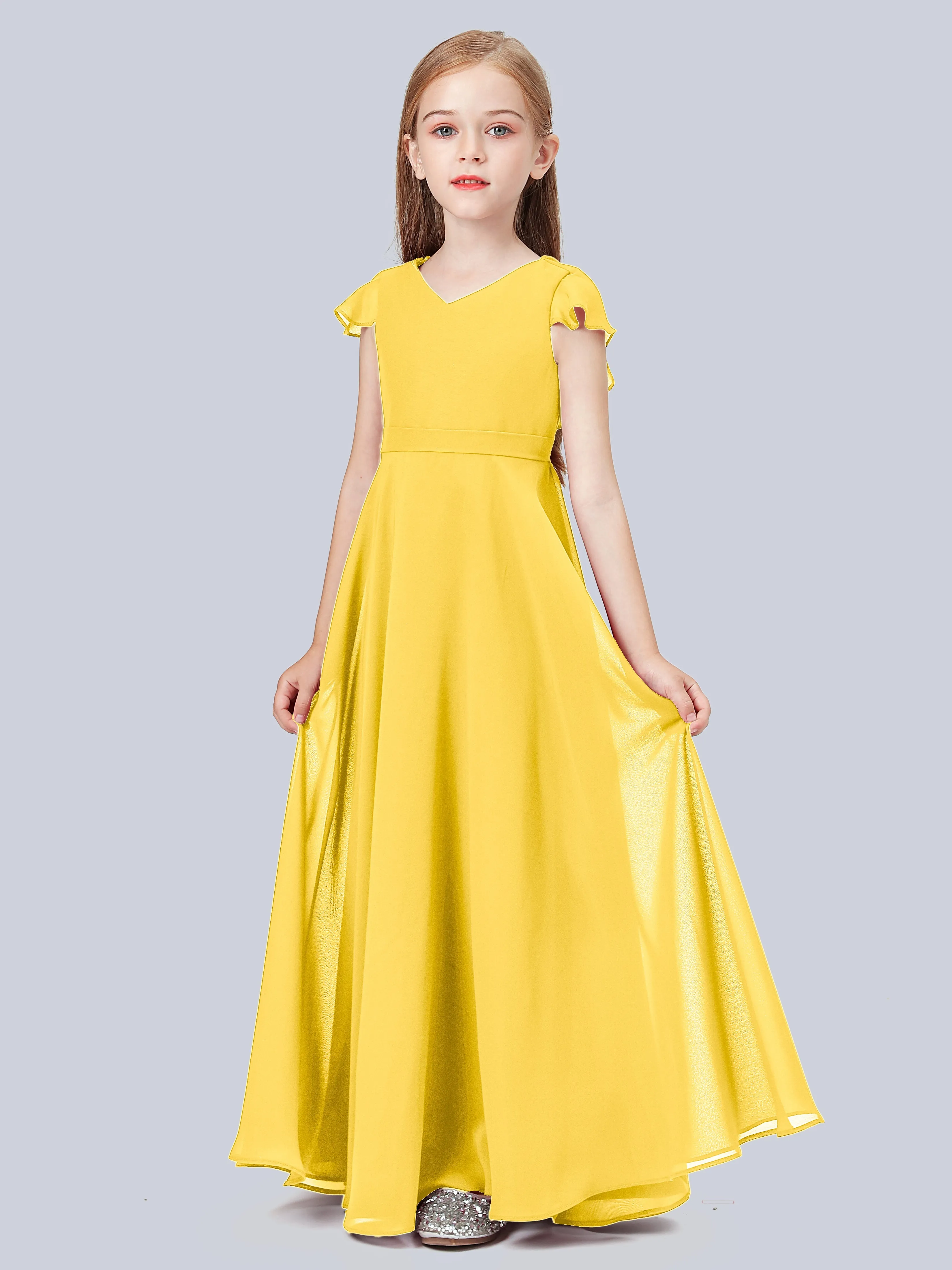 Flounce Cap Sleeves Chiffon Junior Bridesmaid Dress