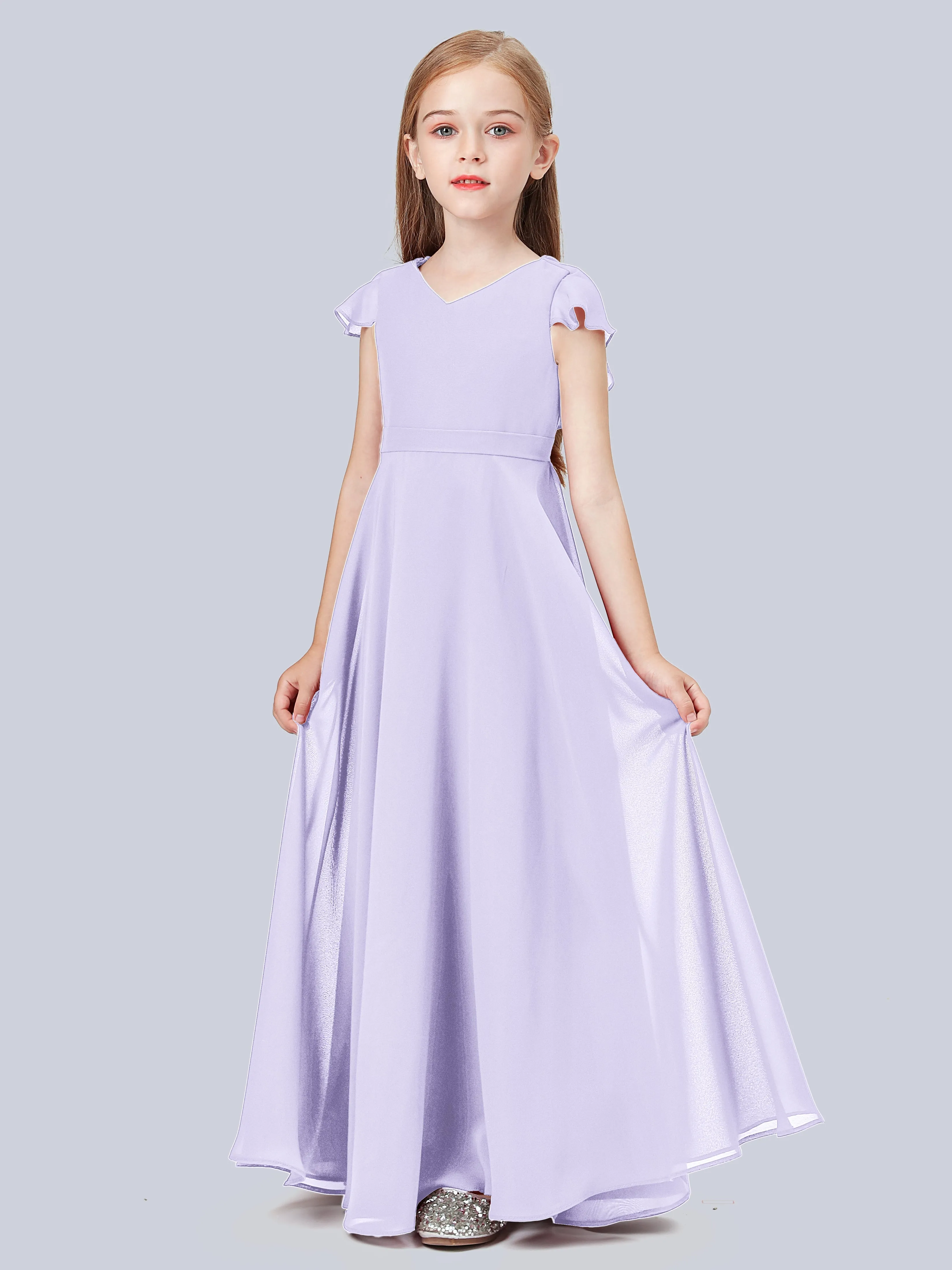 Flounce Cap Sleeves Chiffon Junior Bridesmaid Dress