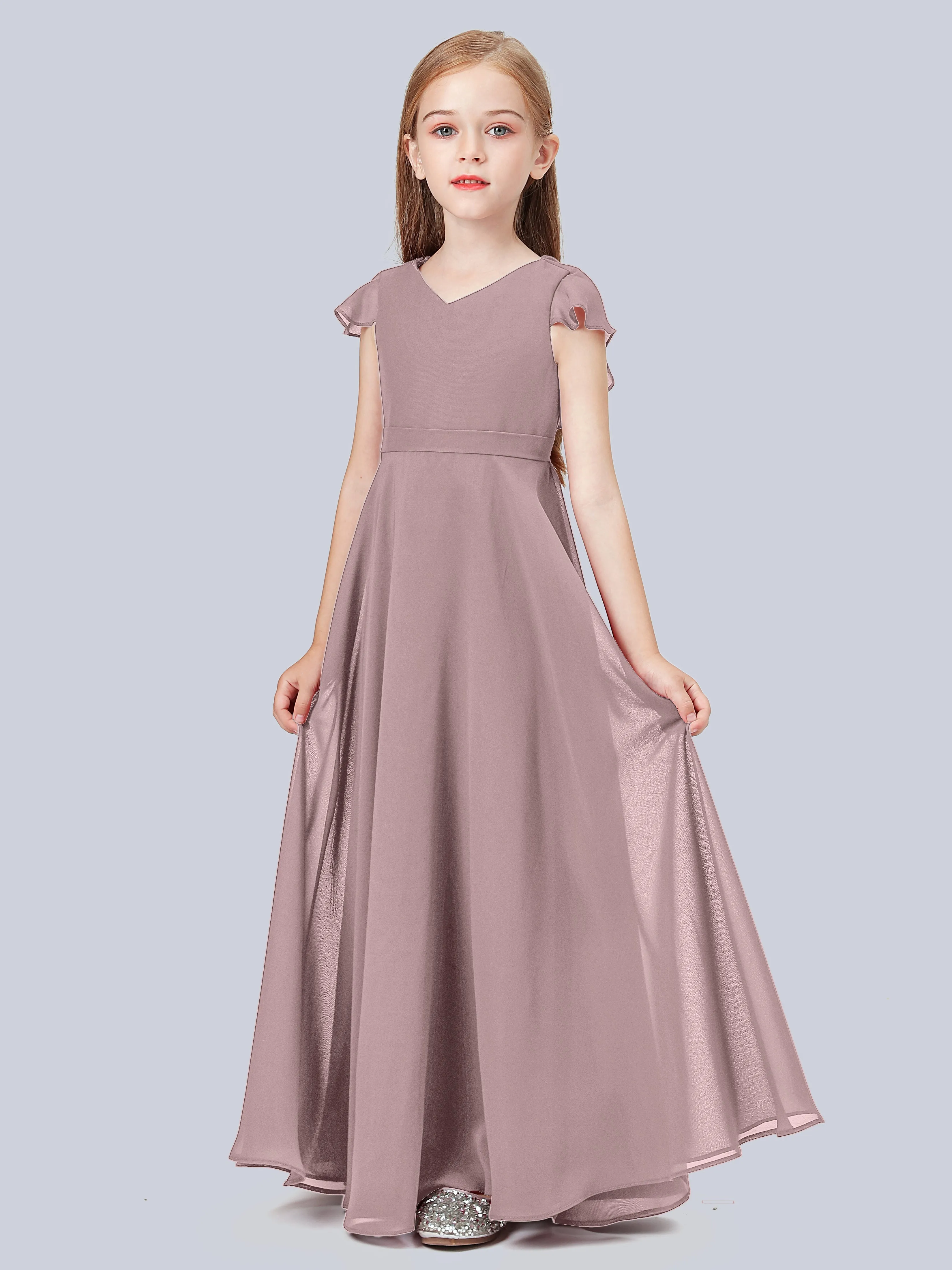 Flounce Cap Sleeves Chiffon Junior Bridesmaid Dress