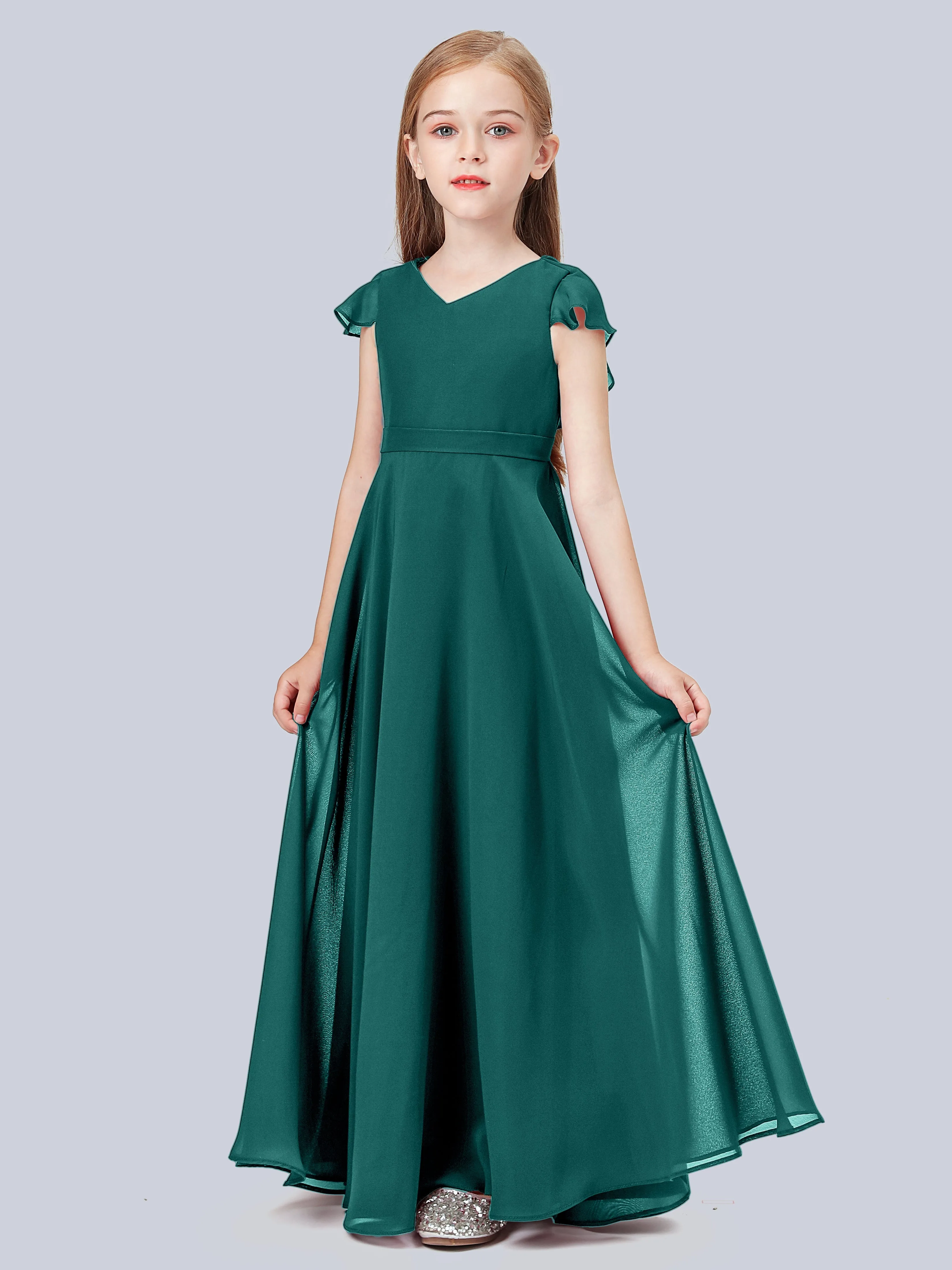 Flounce Cap Sleeves Chiffon Junior Bridesmaid Dress