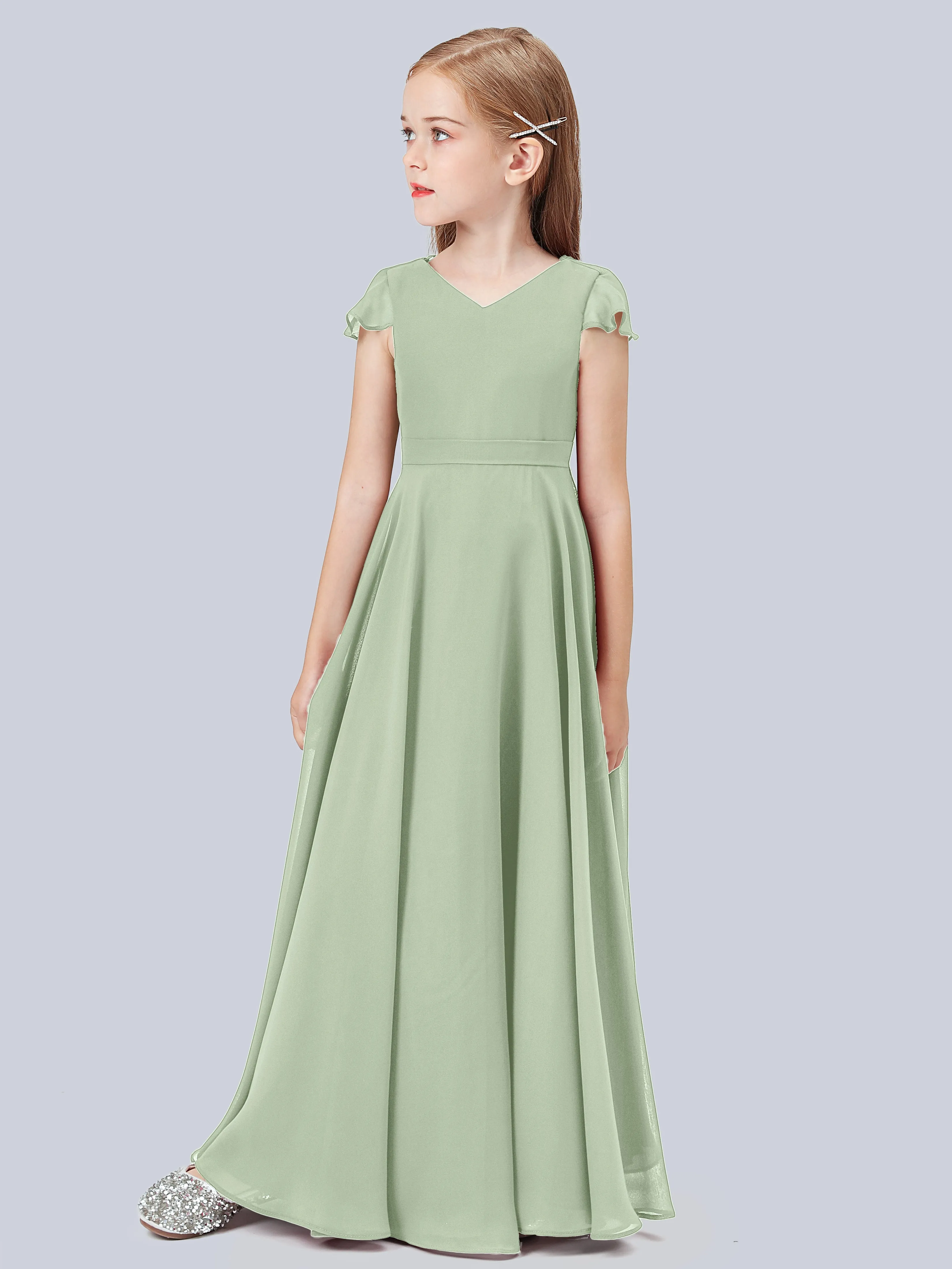 Flounce Cap Sleeves Chiffon Junior Bridesmaid Dress