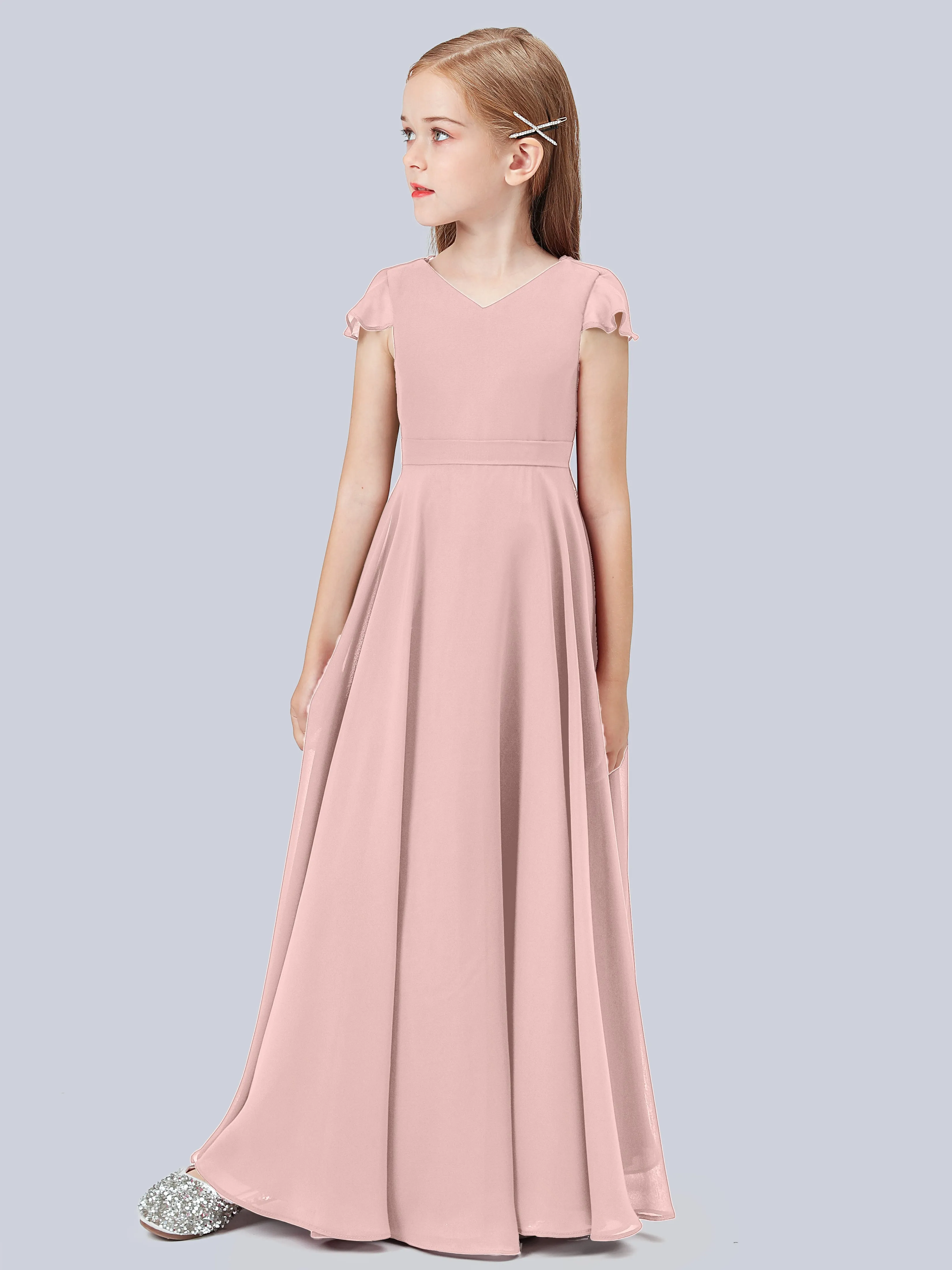 Flounce Cap Sleeves Chiffon Junior Bridesmaid Dress