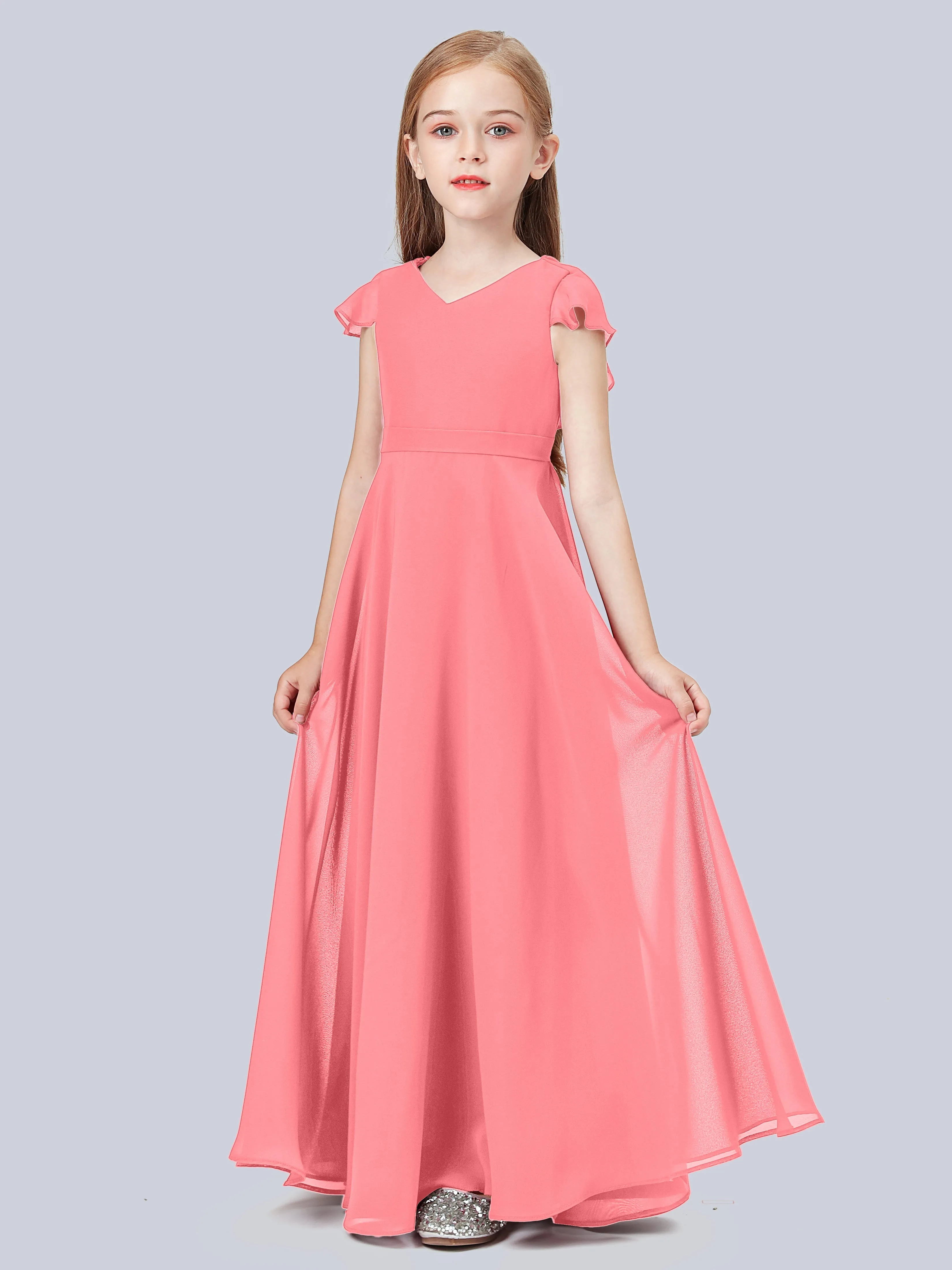 Flounce Cap Sleeves Chiffon Junior Bridesmaid Dress