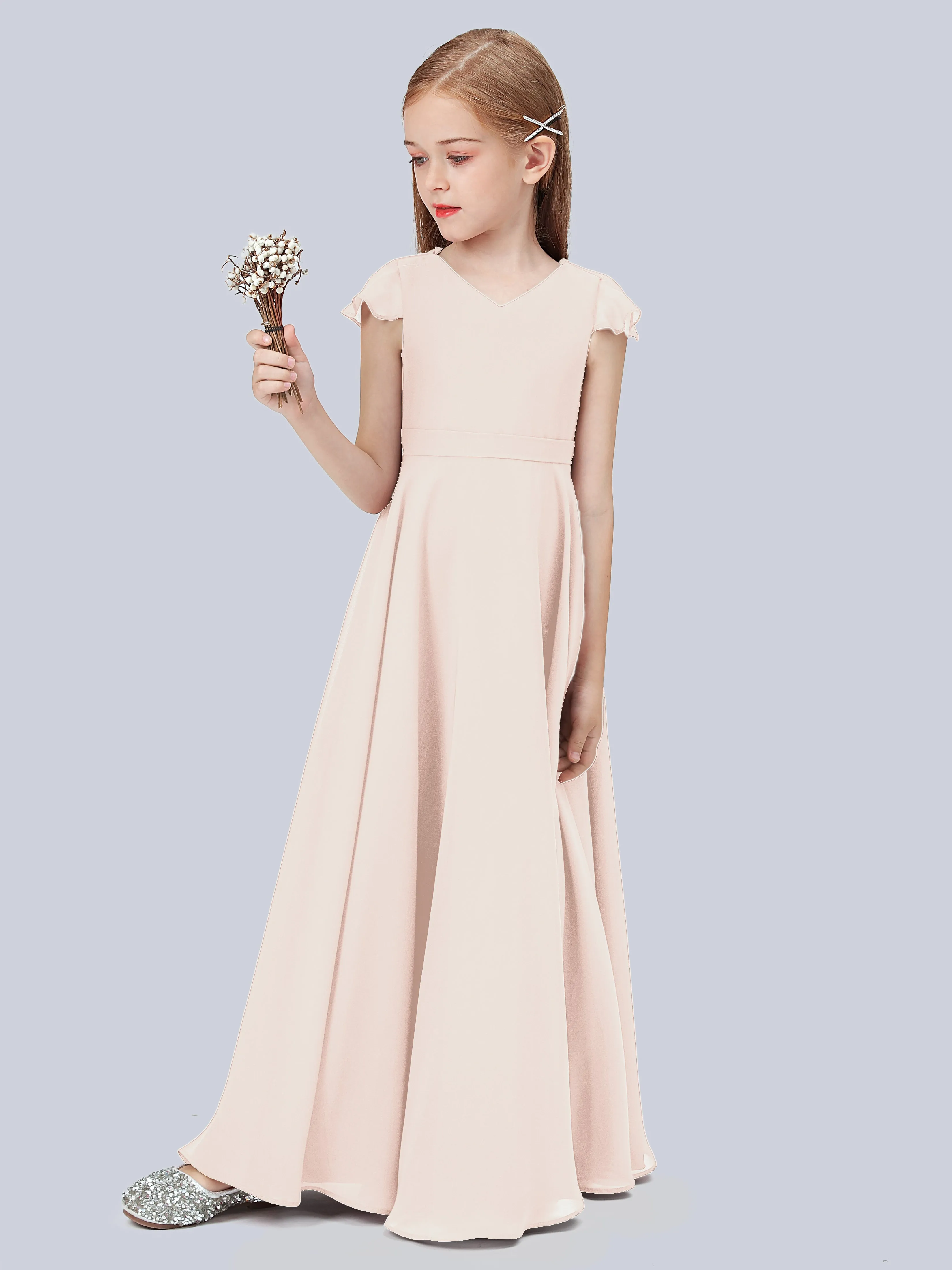 Flounce Cap Sleeves Chiffon Junior Bridesmaid Dress