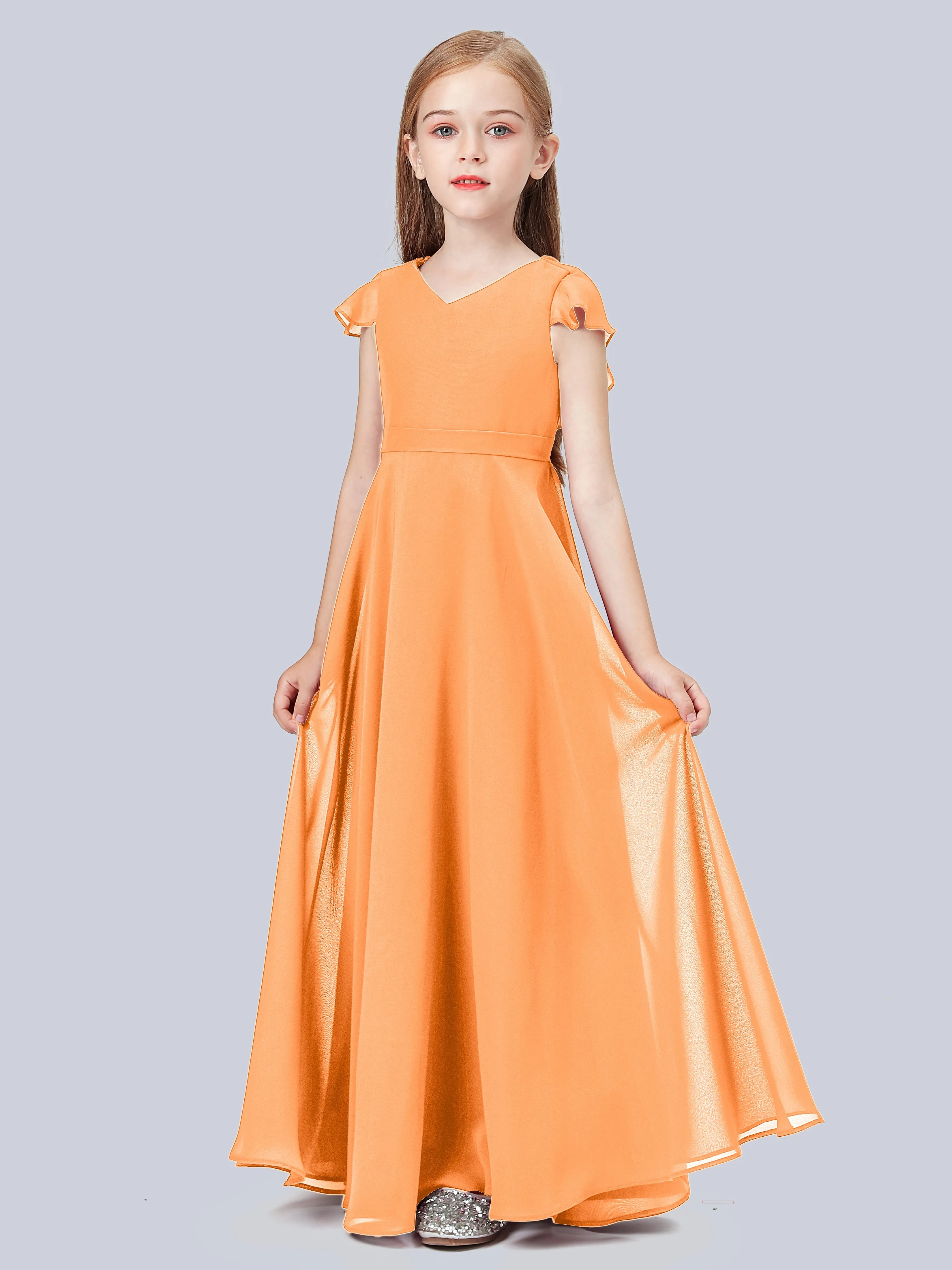 Flounce Cap Sleeves Chiffon Junior Bridesmaid Dress