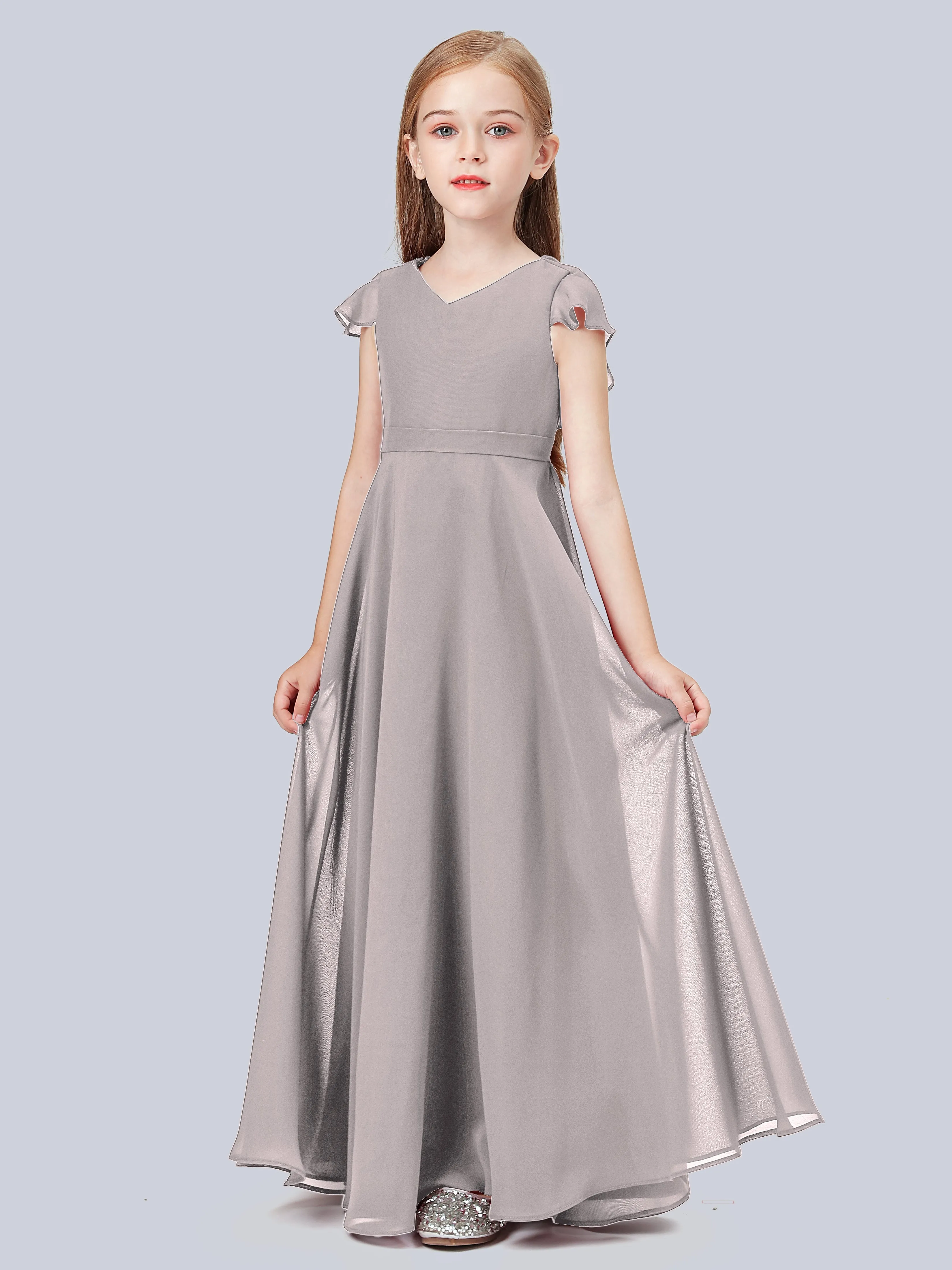 Flounce Cap Sleeves Chiffon Junior Bridesmaid Dress