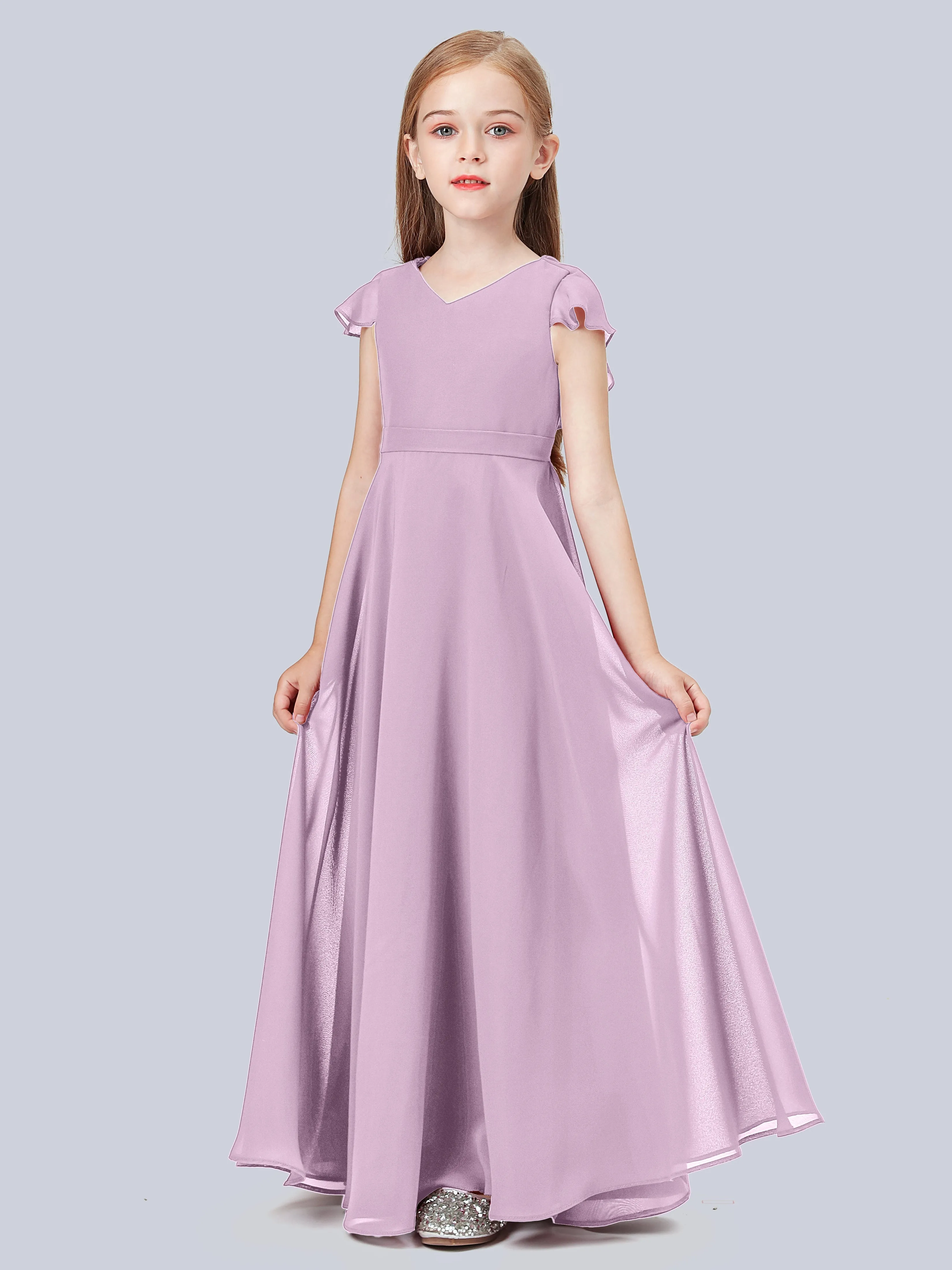 Flounce Cap Sleeves Chiffon Junior Bridesmaid Dress